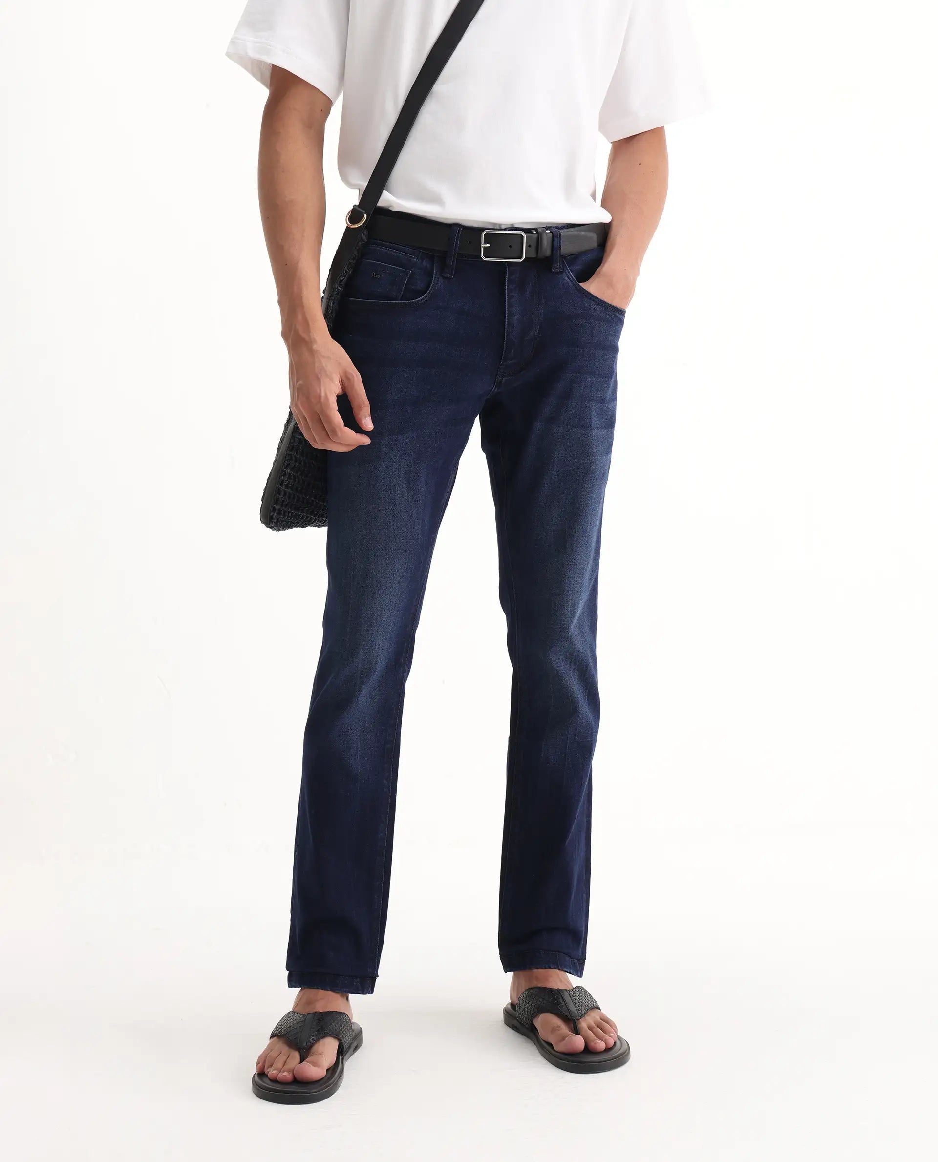 Rare Rabbit Men's Emil Dark Blue Cotton Blend Plain Hawk Slim Fit Jeans