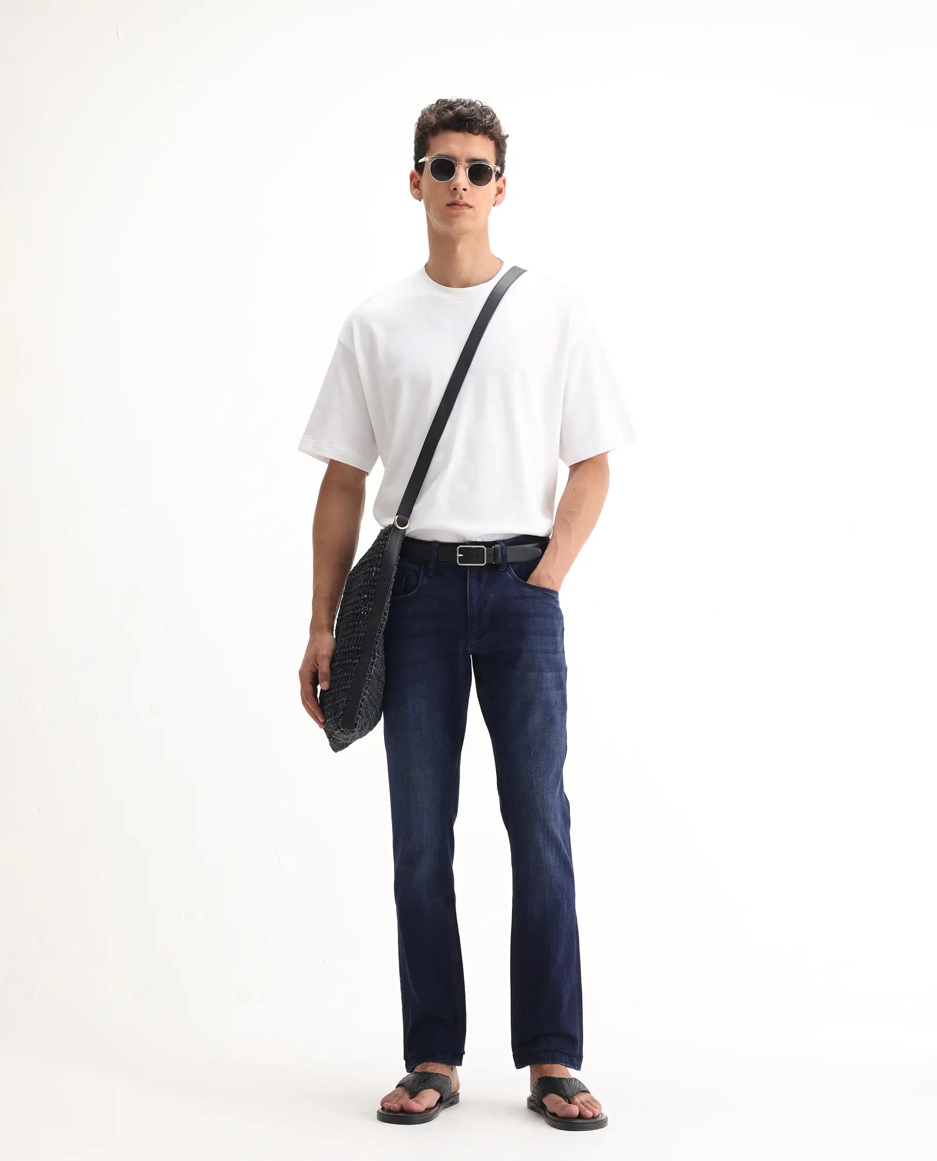 Rare Rabbit Men's Emil Dark Blue Cotton Blend Plain Hawk Slim Fit Jeans