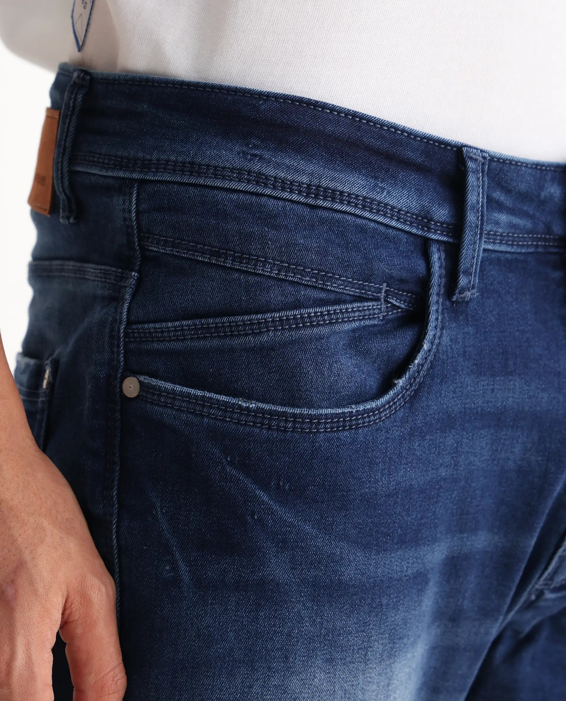 Rare Rabbit Men's Emilem Light Blue Cotton Blend Plain Hawk Slim Fit Jeans