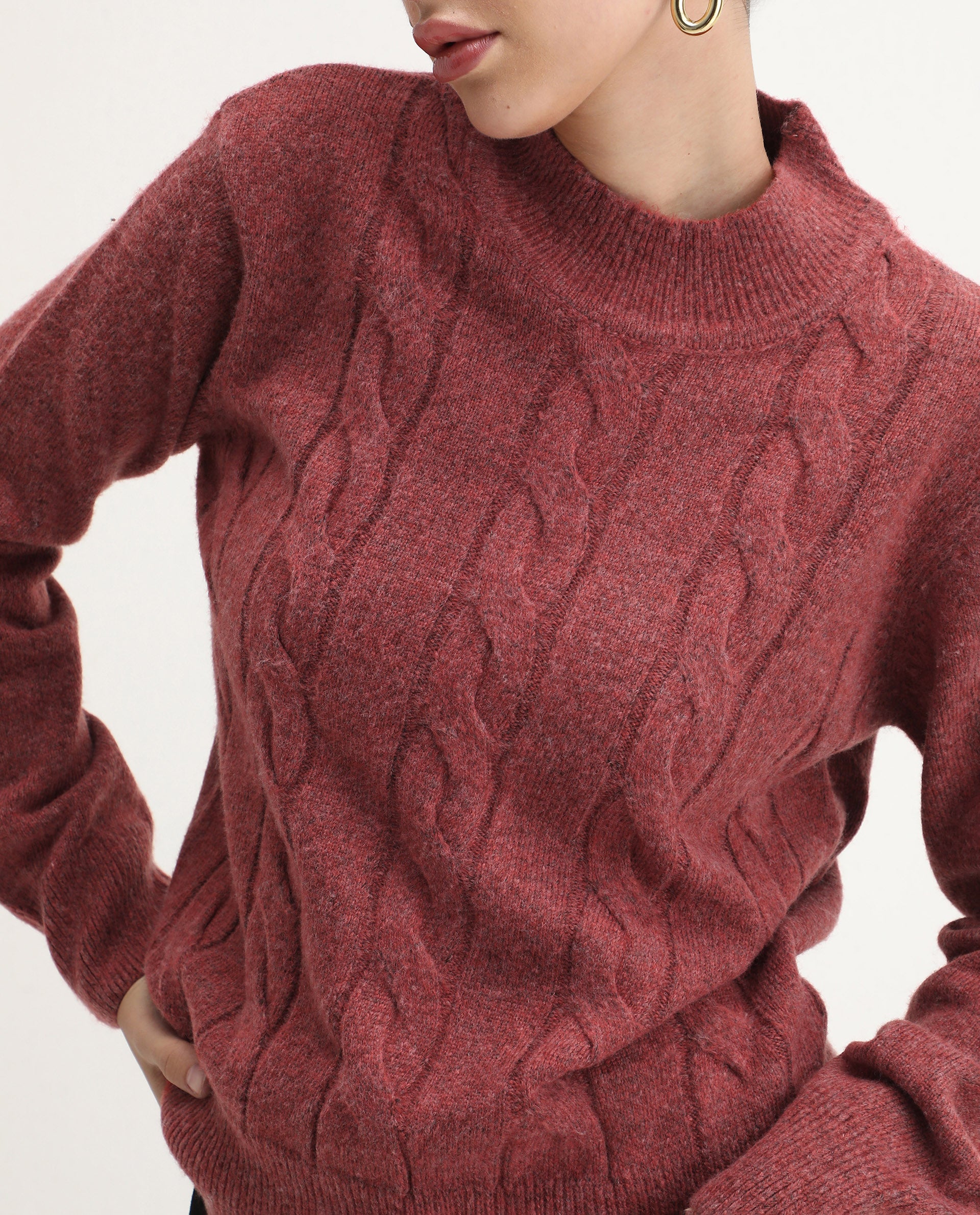 Rareism Women's Emmy Dark Rust Acrylic Blend High Neck Relaxed Fit Sweater