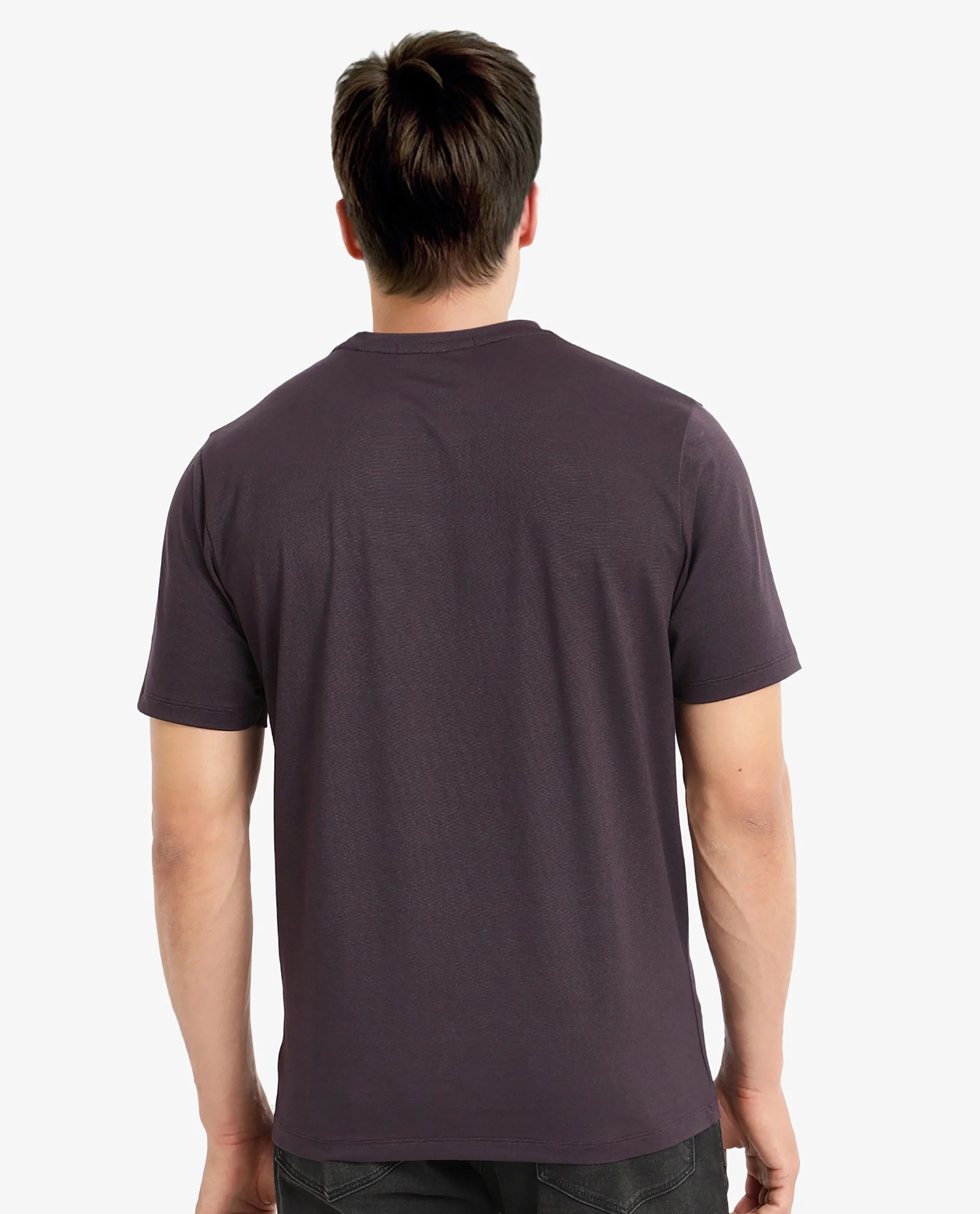 Rare Rabbit Men Emon Dark Purple Cotton Lycra Fabric Short Sleeve Crew Neck Regular Fit Graphic Logo Print T-Shirt