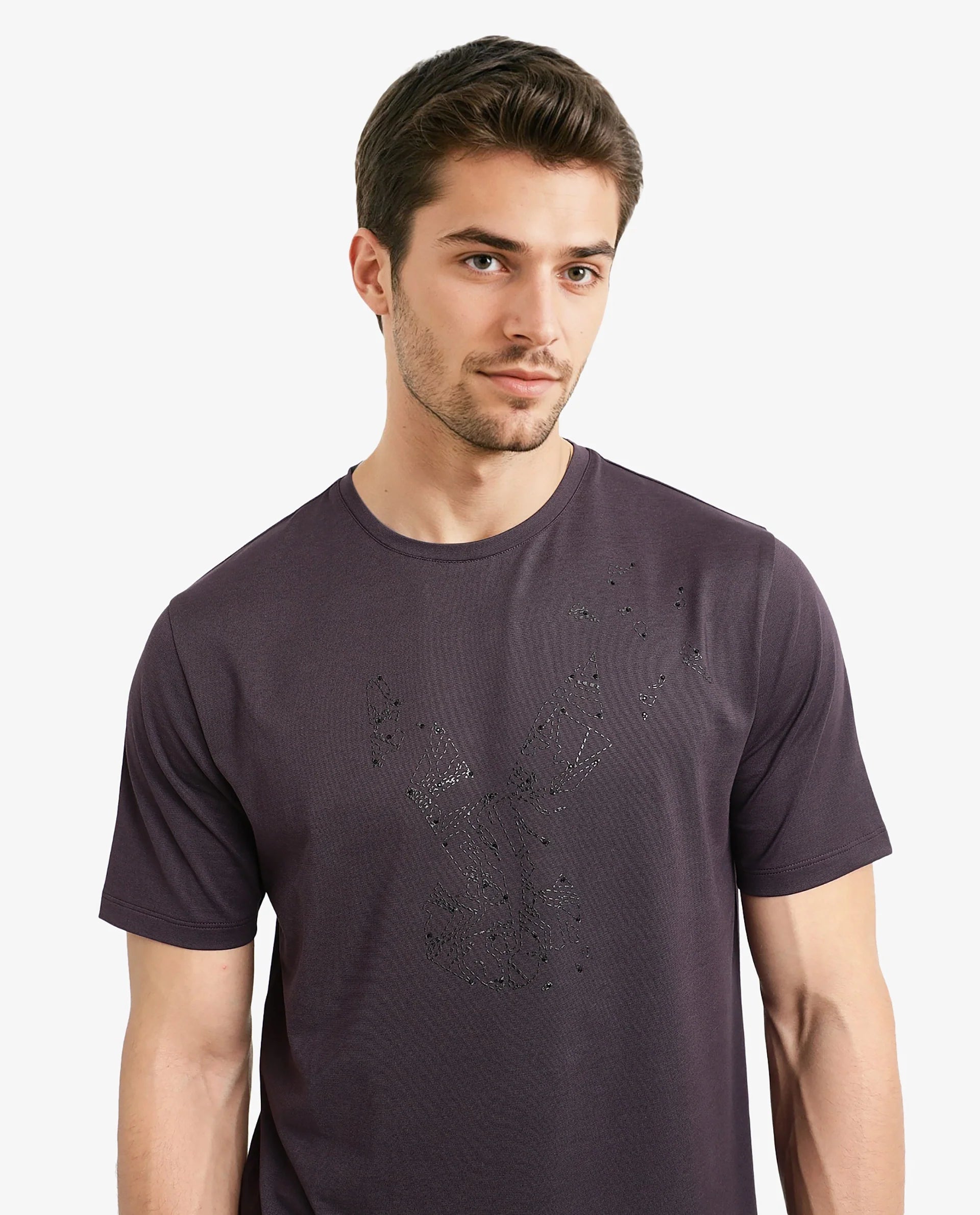 Rare Rabbit Men Emon Dark Purple Cotton Lycra Fabric Short Sleeve Crew Neck Regular Fit Graphic Logo Print T-Shirt