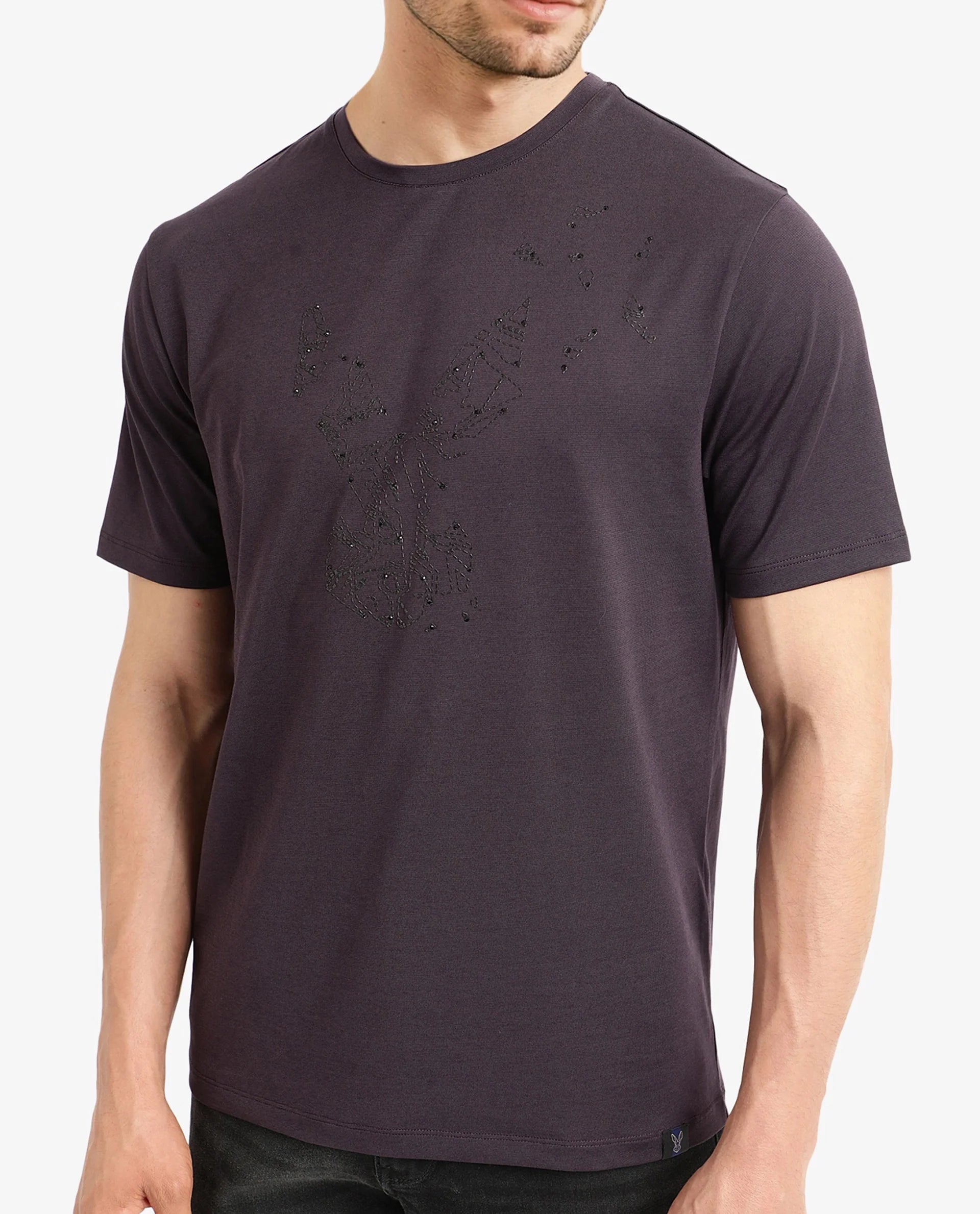 Rare Rabbit Men Emon Dark Purple Cotton Lycra Fabric Short Sleeve Crew Neck Regular Fit Graphic Logo Print T-Shirt