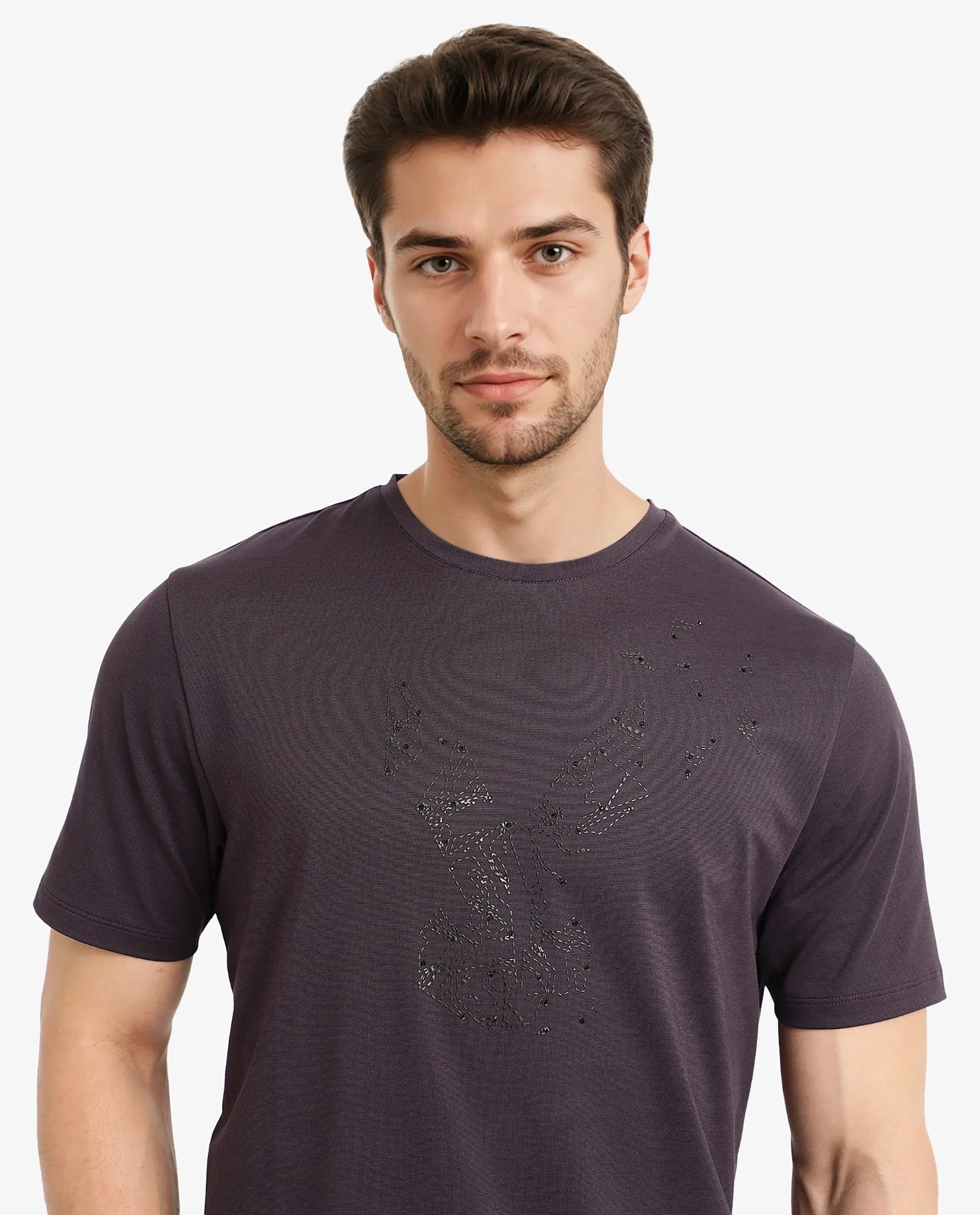 Rare Rabbit Men Emon Dark Purple Cotton Lycra Fabric Short Sleeve Crew Neck Regular Fit Graphic Logo Print T-Shirt