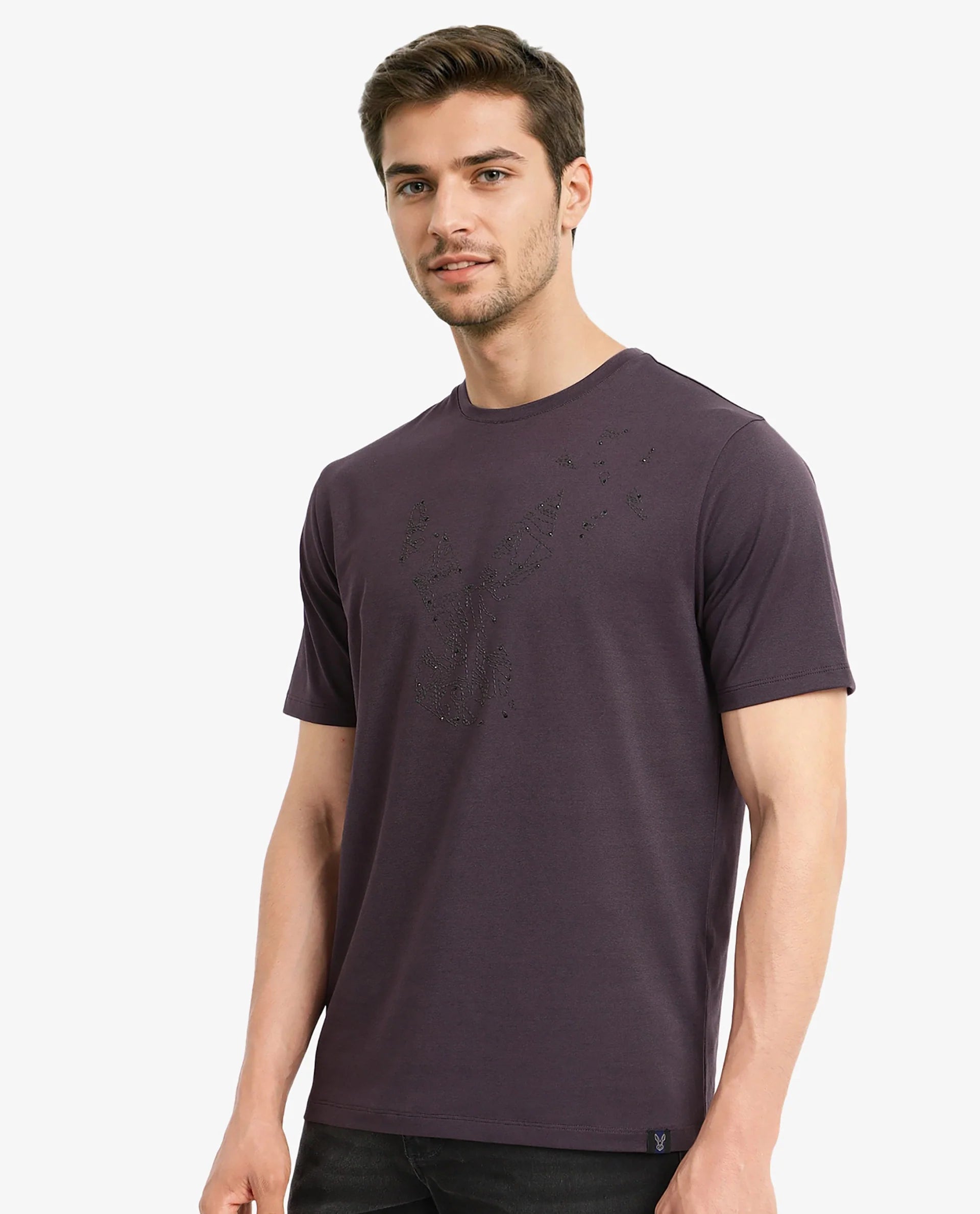 Rare Rabbit Men Emon Dark Purple Cotton Lycra Fabric Short Sleeve Crew Neck Regular Fit Graphic Logo Print T-Shirt