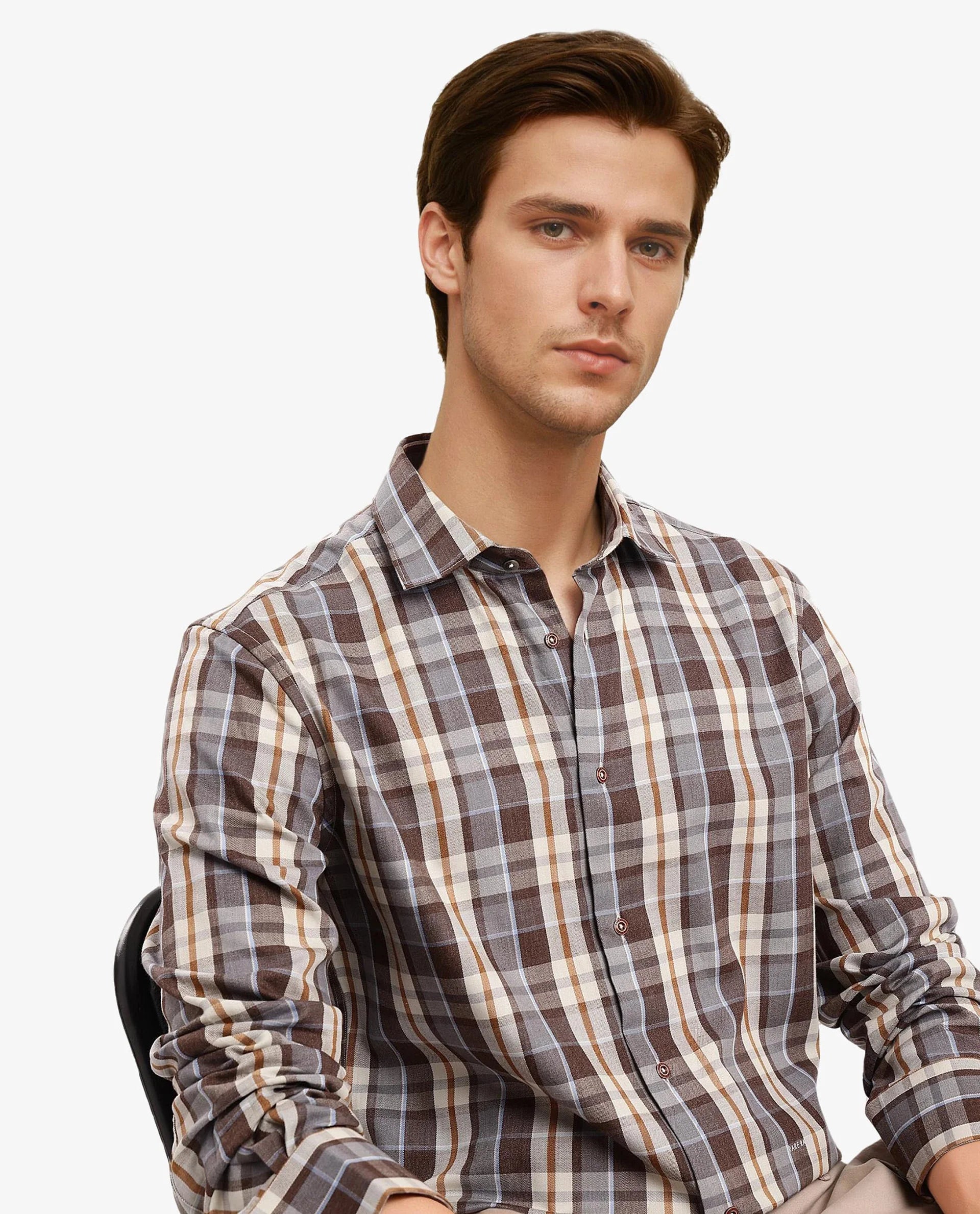Rare Rabbit Men's Endel Brown Cotton Fabric Full Sleeve Regular Fit Checks Shirt