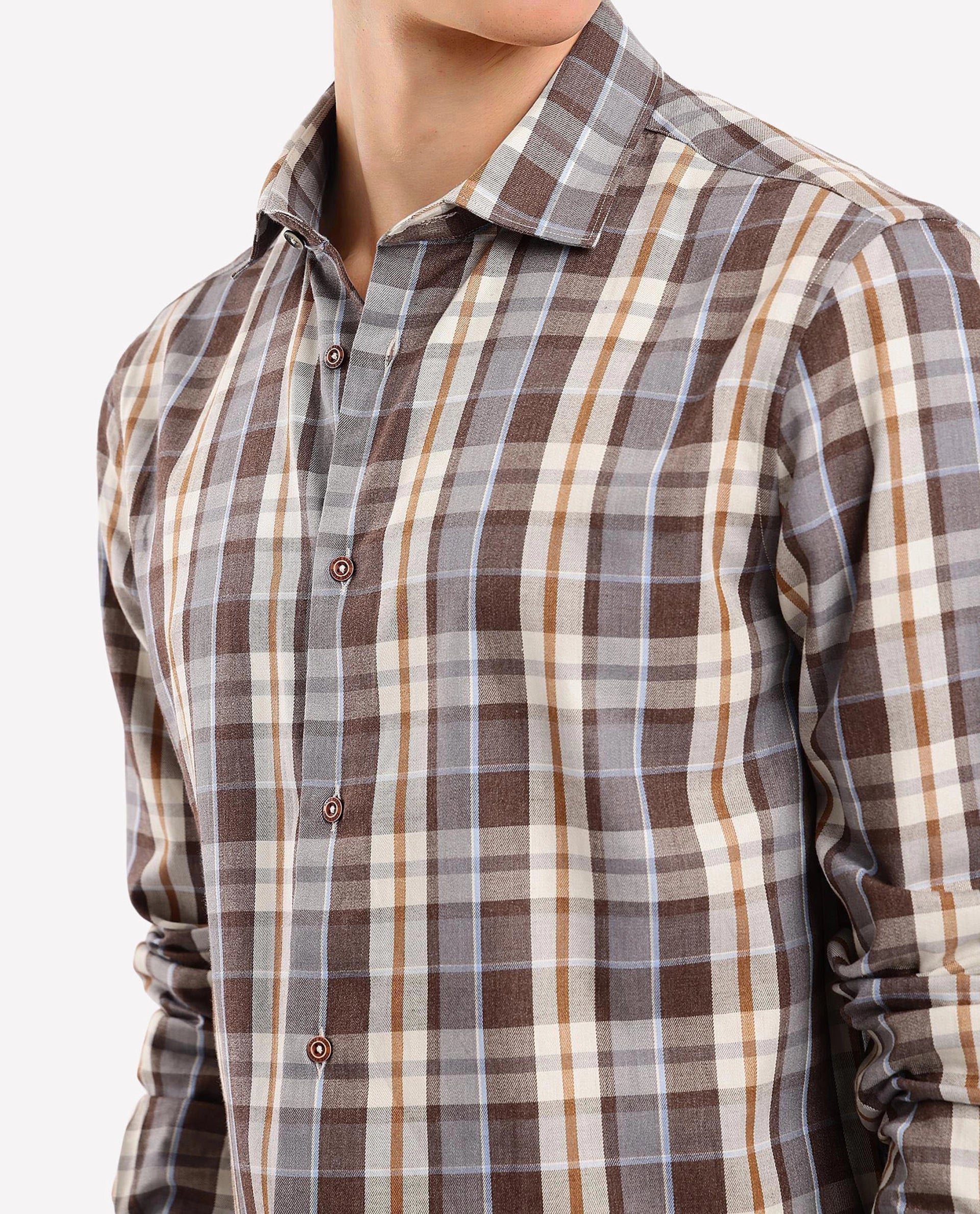 Rare Rabbit Men's Endel Brown Cotton Fabric Full Sleeve Regular Fit Checks Shirt