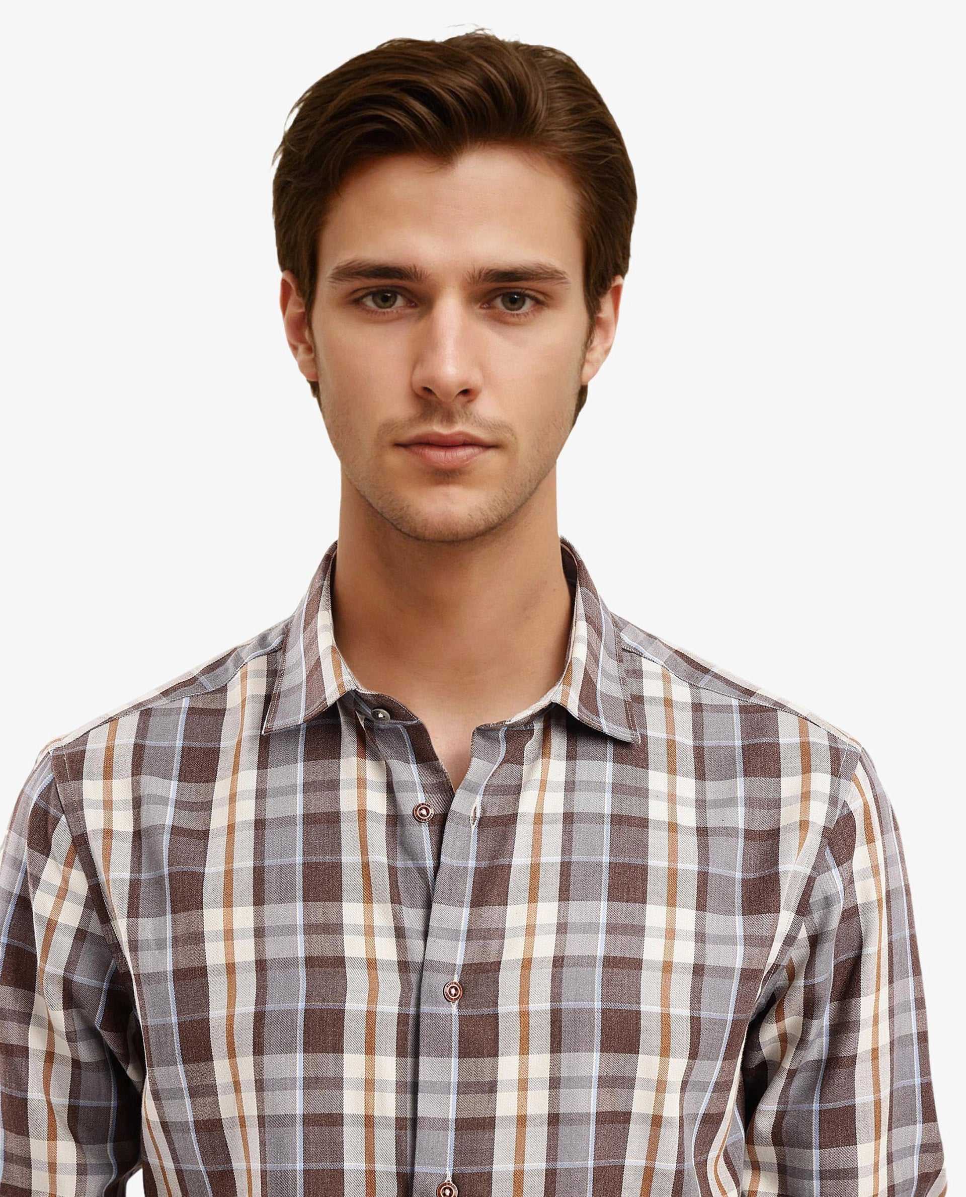 Rare Rabbit Men's Endel Brown Cotton Fabric Full Sleeve Regular Fit Checks Shirt