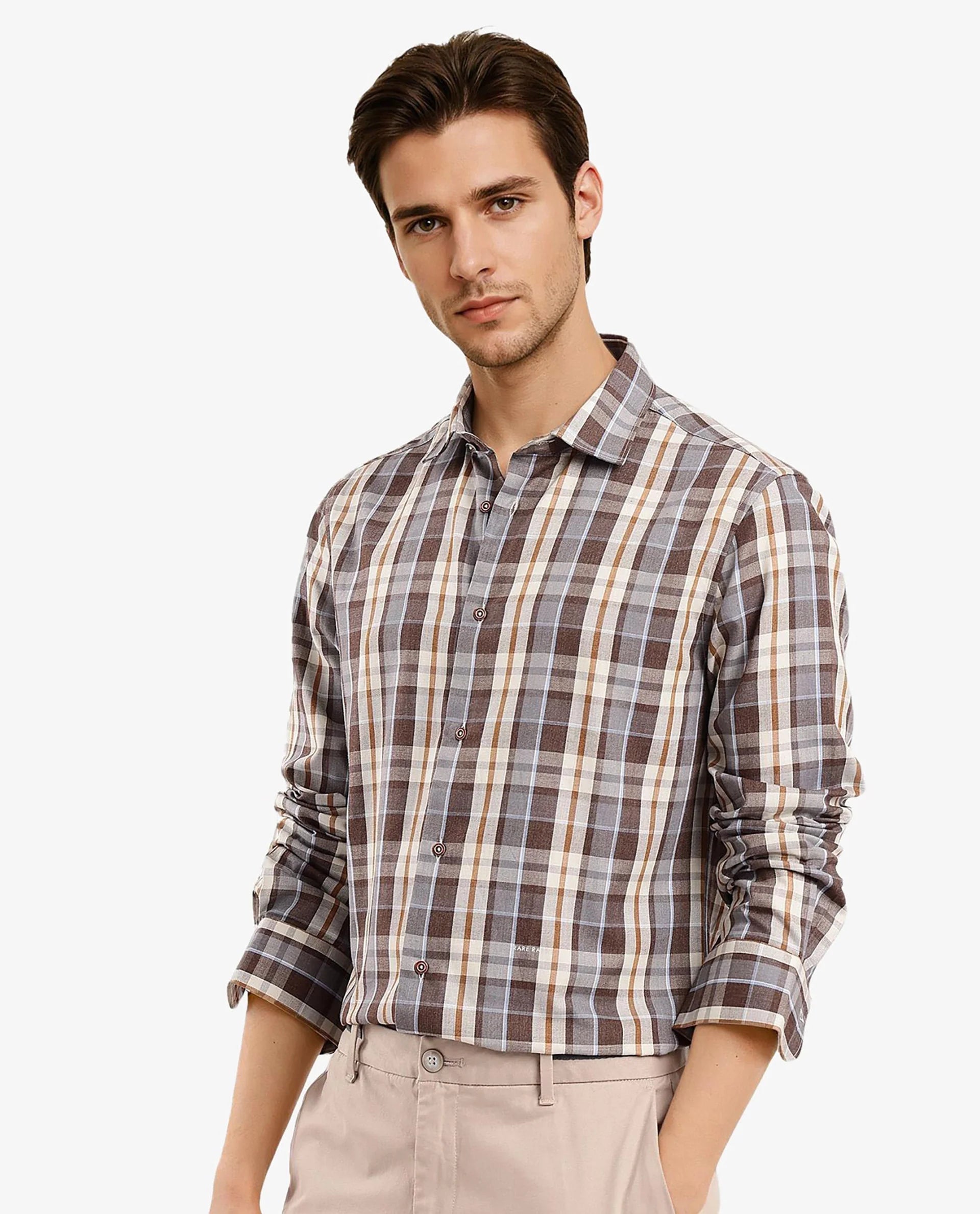 Rare Rabbit Men's Endel Brown Cotton Fabric Full Sleeve Regular Fit Checks Shirt