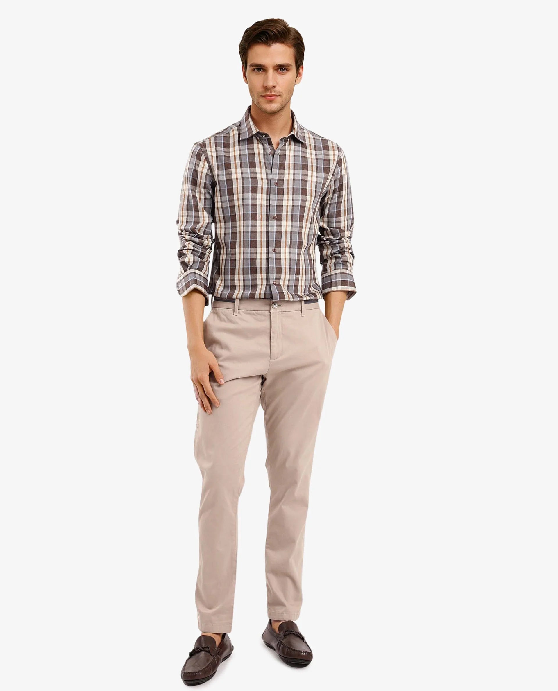 Rare Rabbit Men's Endel Brown Cotton Fabric Full Sleeve Regular Fit Checks Shirt