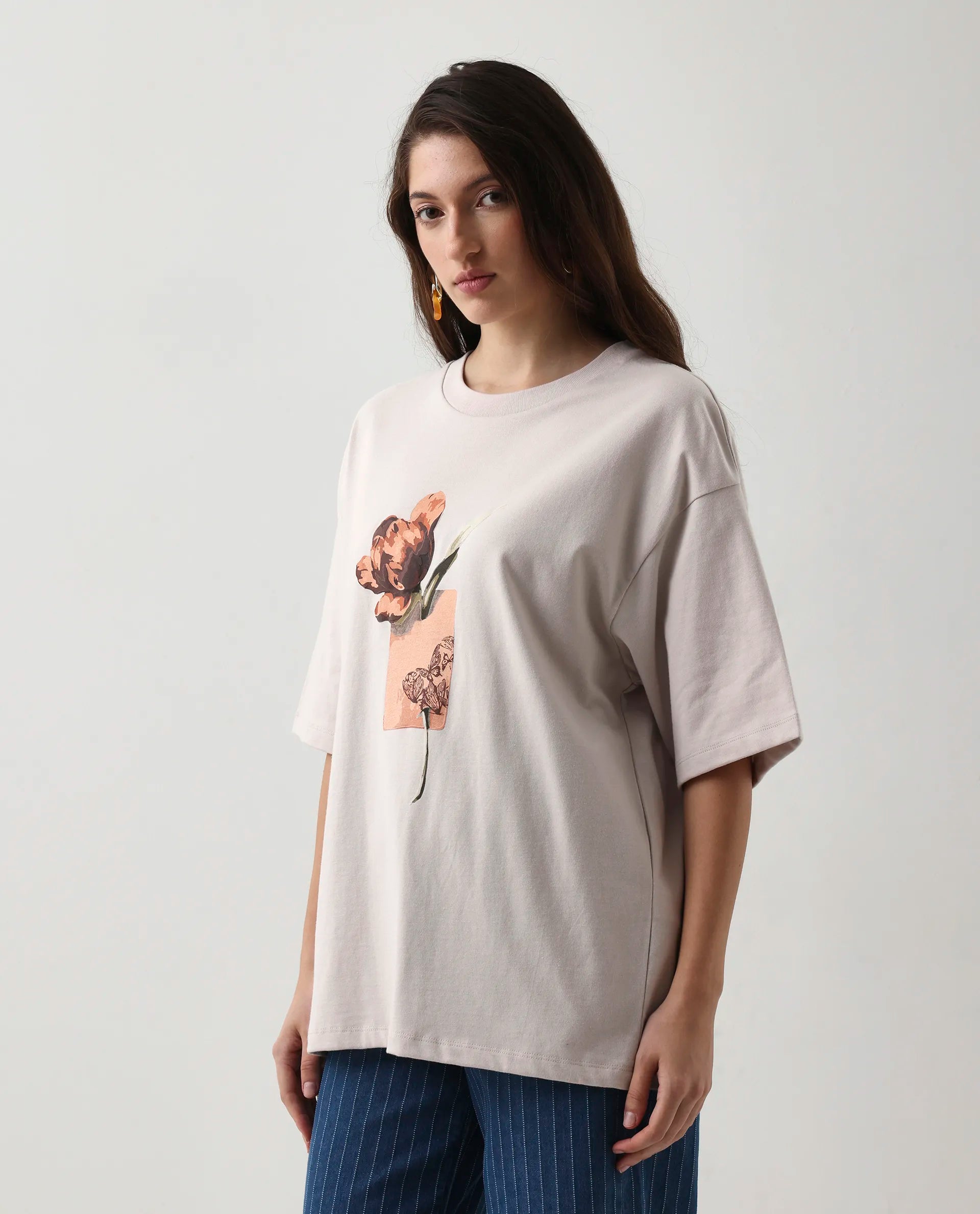 Rareism Women's Enof Beige Cotton Graphic Print Oversized T-Shirt