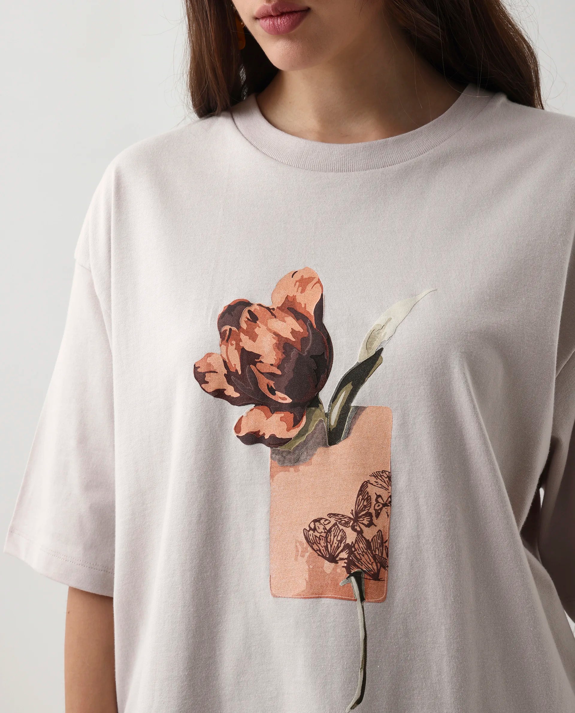 Rareism Women's Enof Beige Cotton Graphic Print Oversized T-Shirt