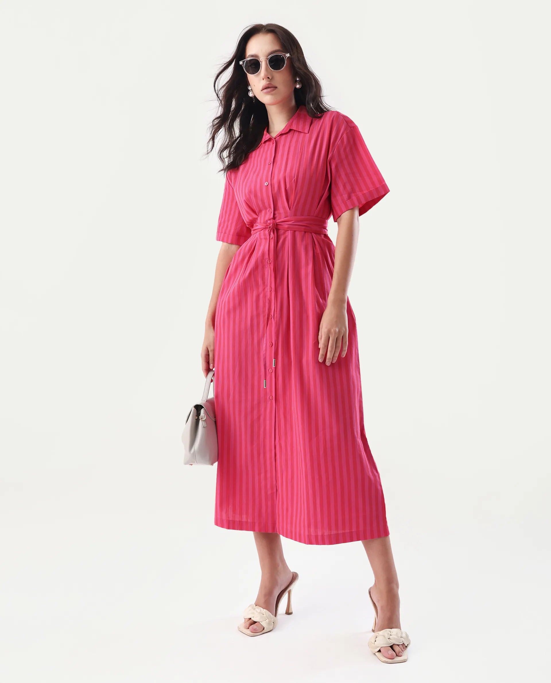 Rareism Women's Eparis Pink Cotton Blend Collared Striped Midi Regular Fit Dress