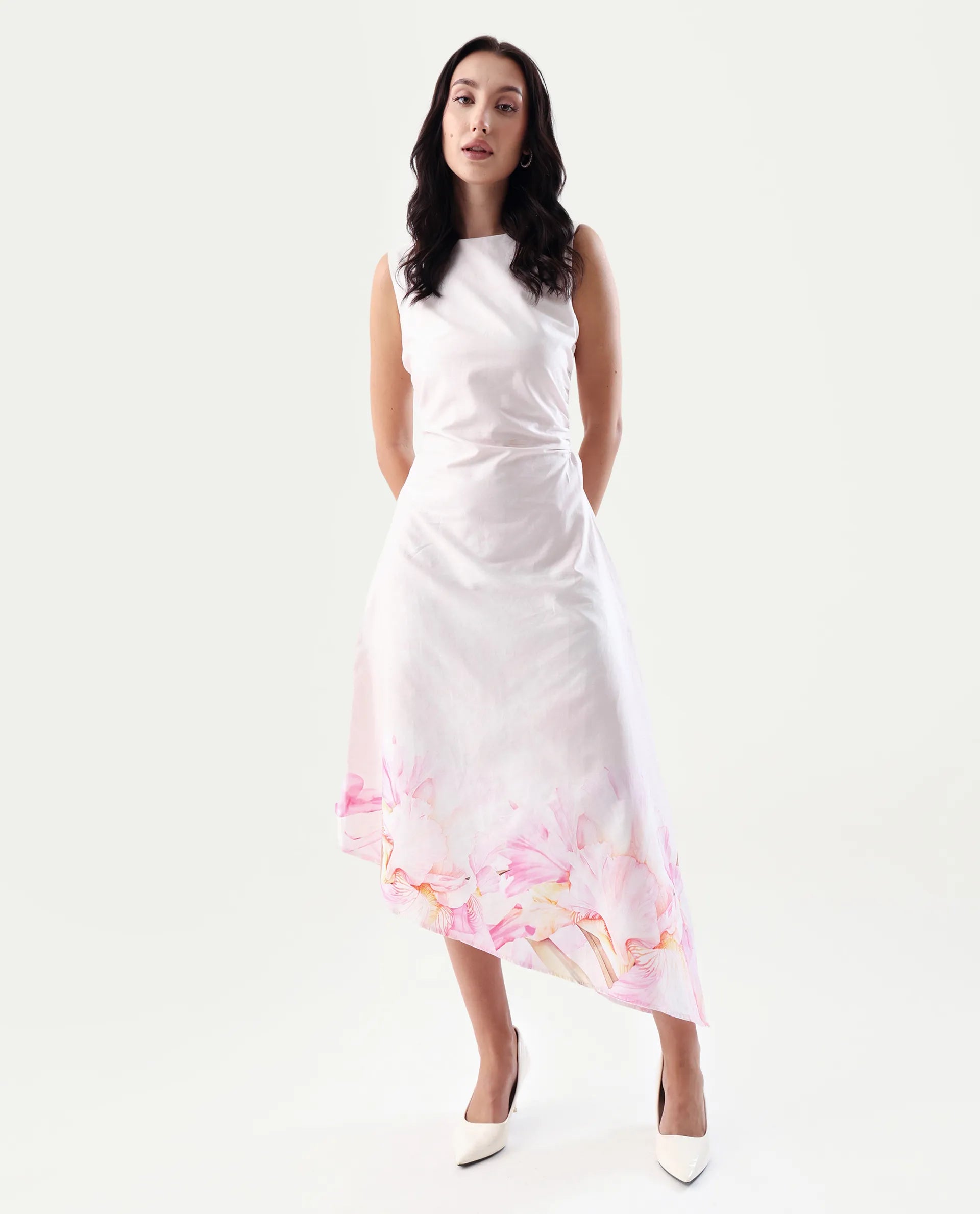 Rareism Women's Epata Off White Cotton Boat Neck Printed Sleeveless Midi Regular Fit Dress