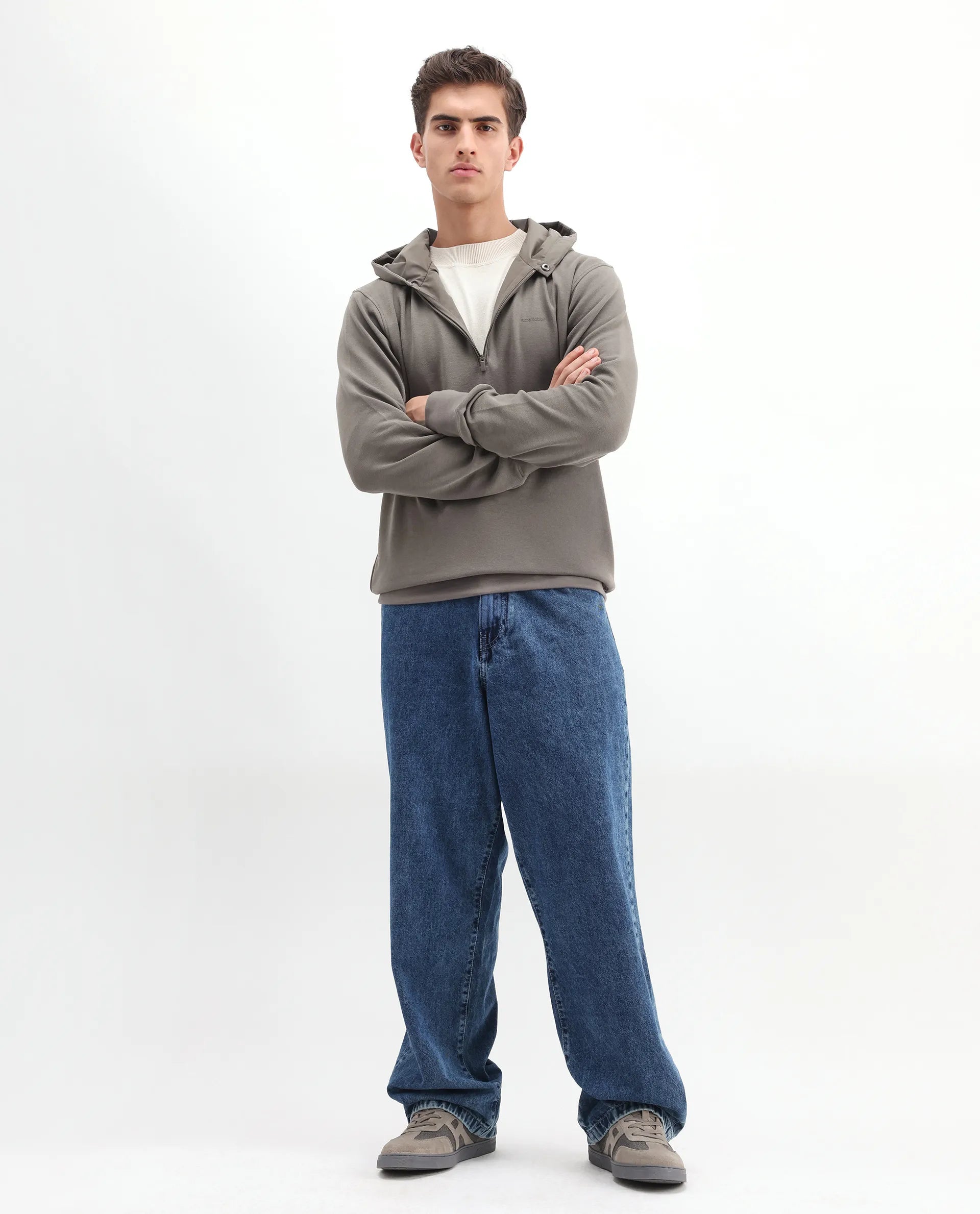 Rare Rabbit Men's Ephin-T Dark Olive Cotton Blend Plain Regular Fit Full Sleeve Hooded Sweatshirt