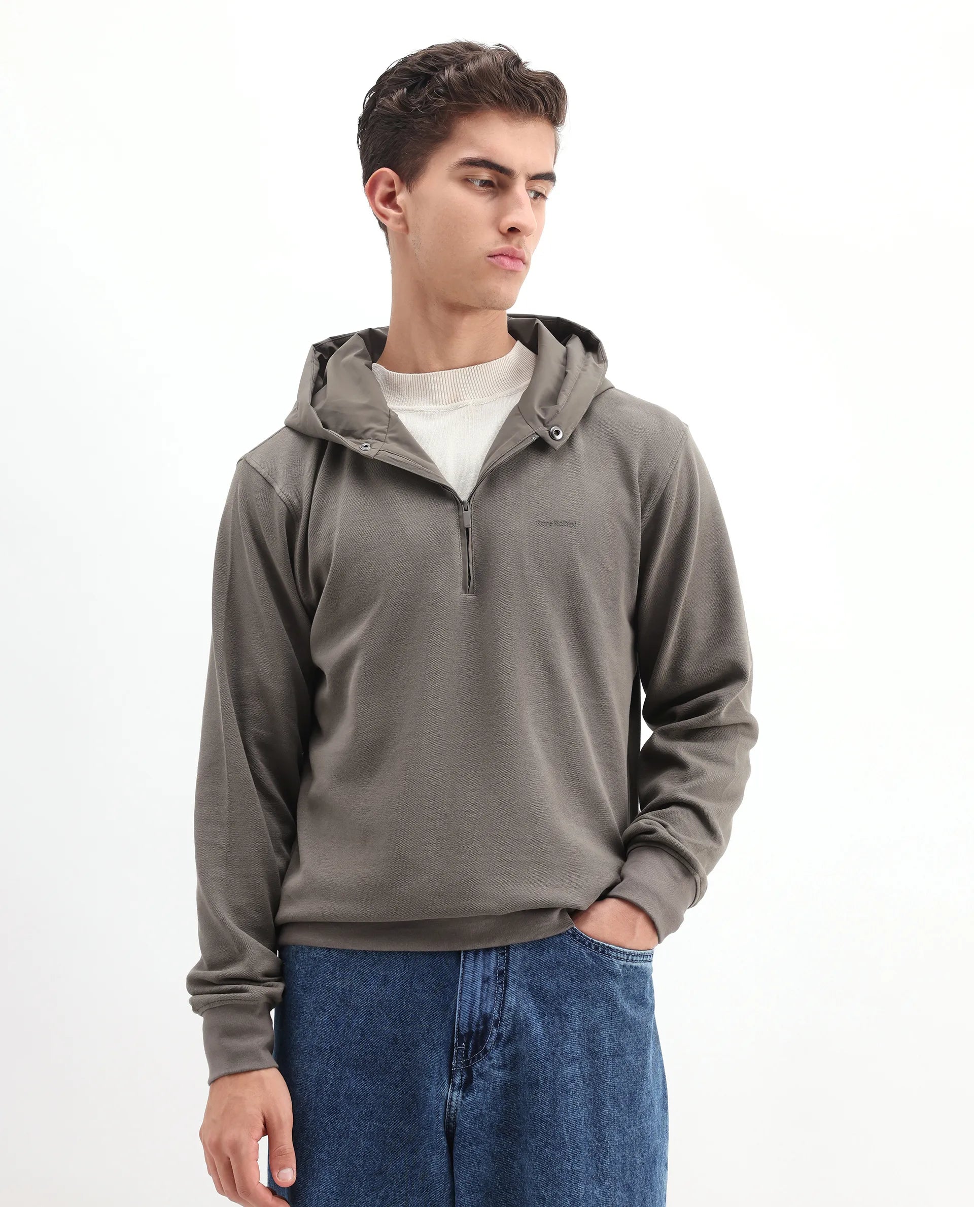 Rare Rabbit Men's Ephin-T Dark Olive Cotton Blend Plain Regular Fit Full Sleeve Hooded Sweatshirt