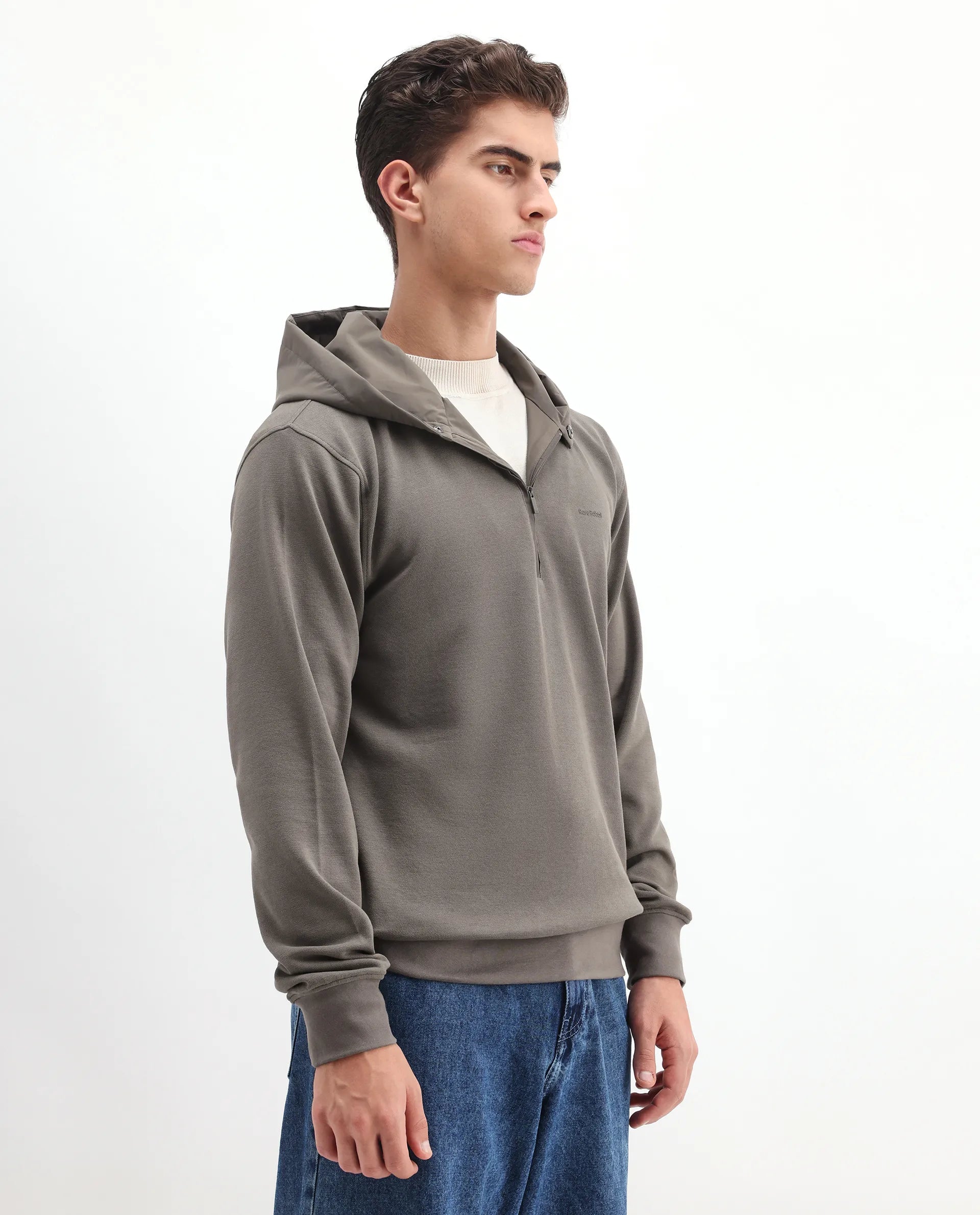 Rare Rabbit Men's Ephin-T Dark Olive Cotton Blend Plain Regular Fit Full Sleeve Hooded Sweatshirt