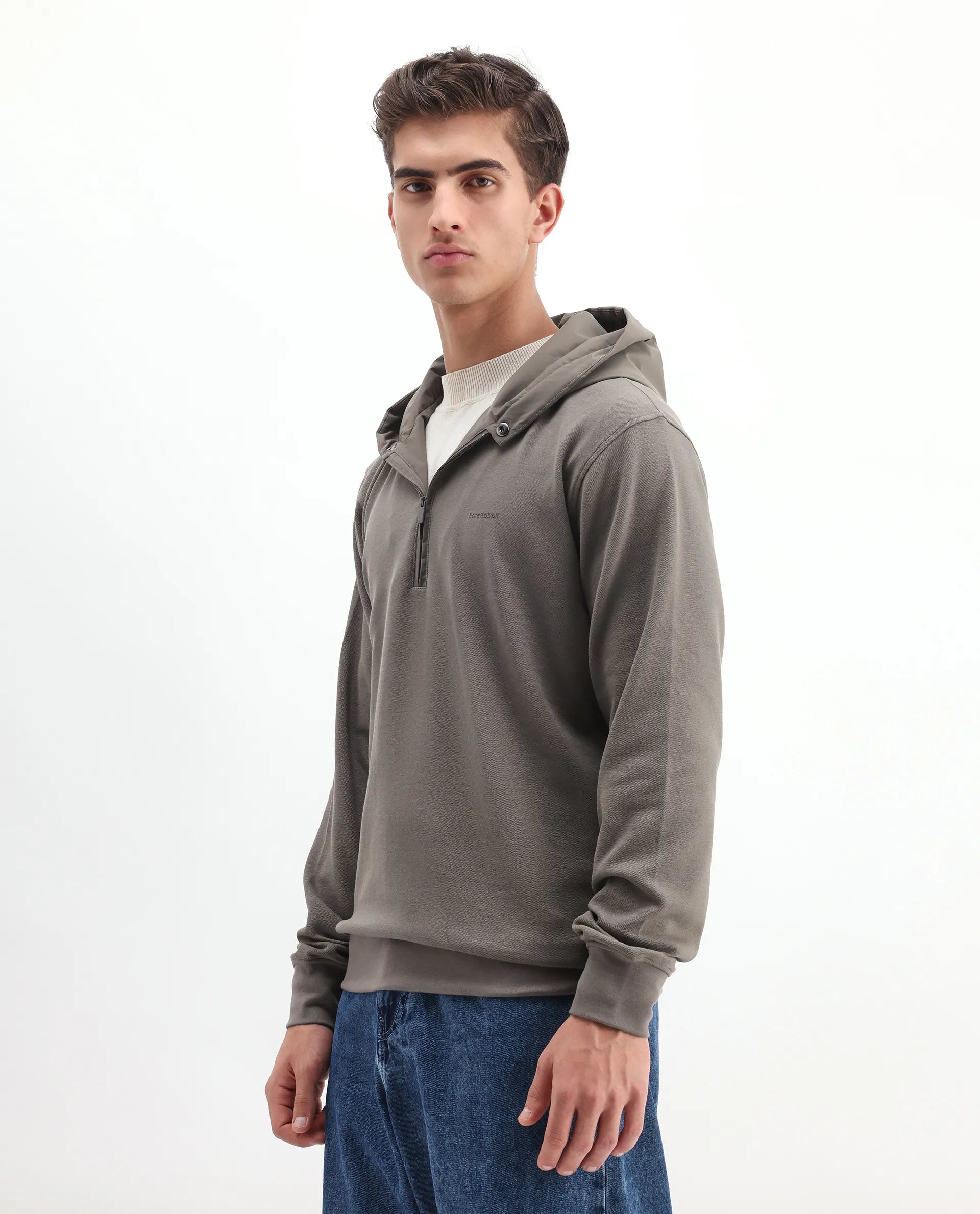 Rare Rabbit Men's Ephin-T Dark Olive Cotton Blend Plain Regular Fit Full Sleeve Hooded Sweatshirt