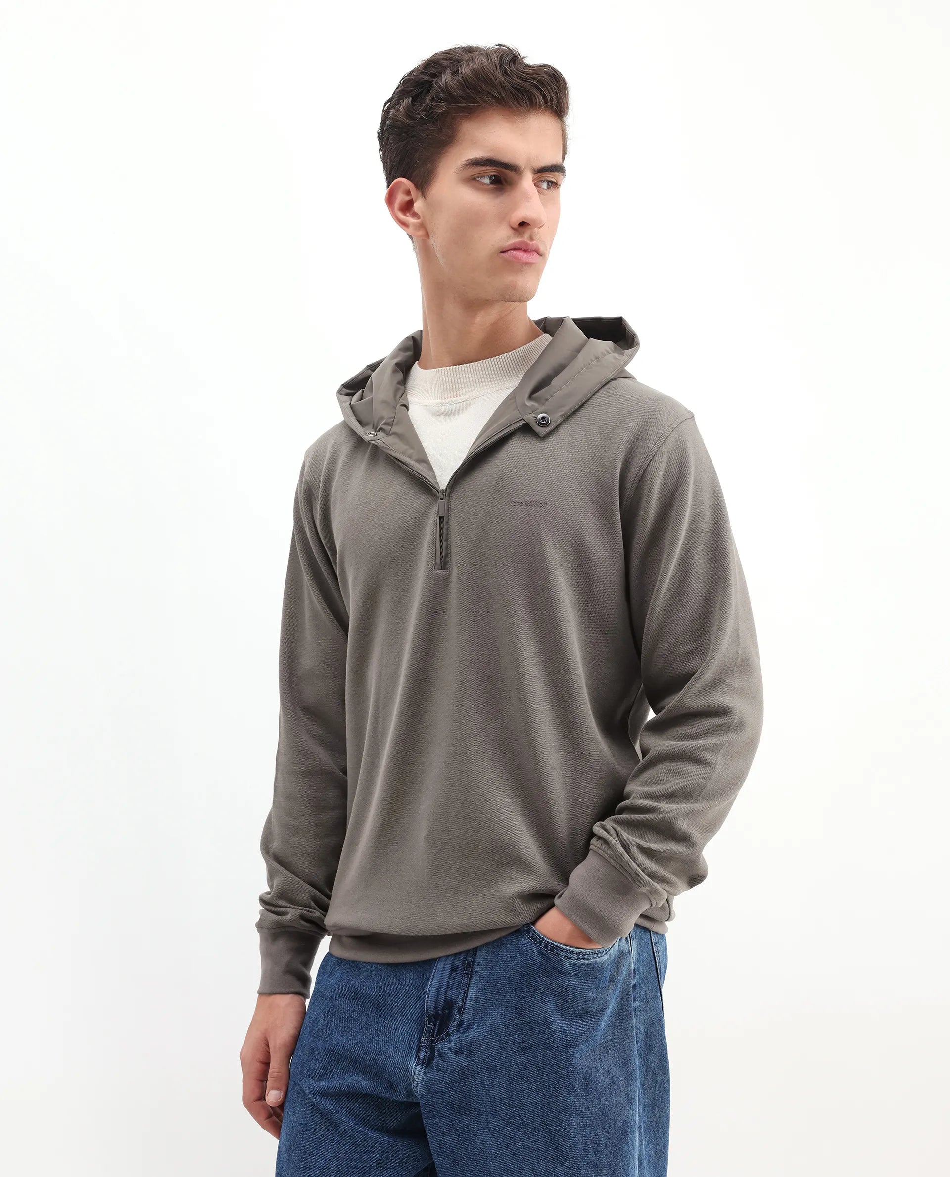 Rare Rabbit Men's Ephin-T Dark Olive Cotton Blend Plain Regular Fit Full Sleeve Hooded Sweatshirt