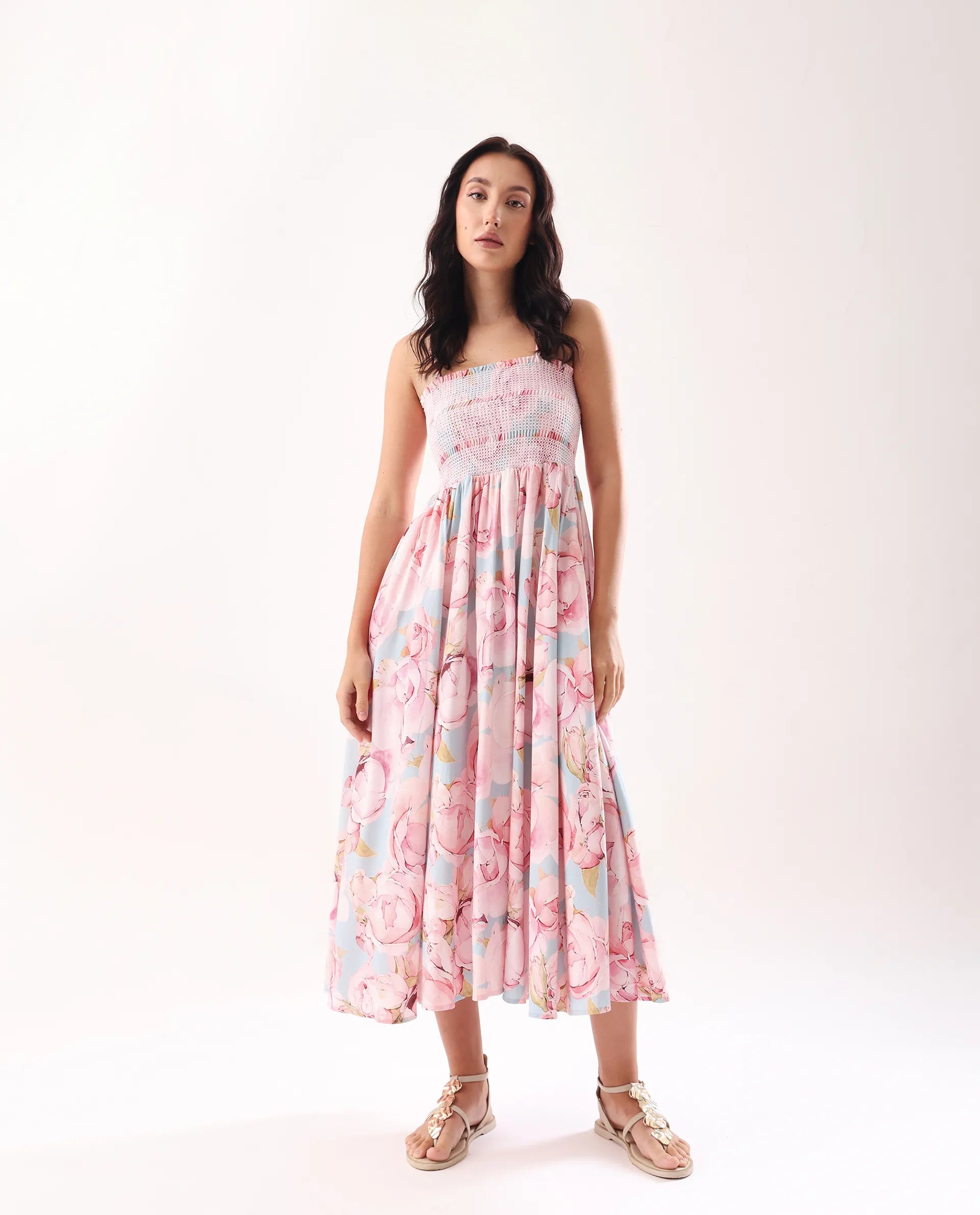 Rareism Women's Epico Multi Viscose Tube Neck Printed Sleeveless Midi Fit And Flare Dress