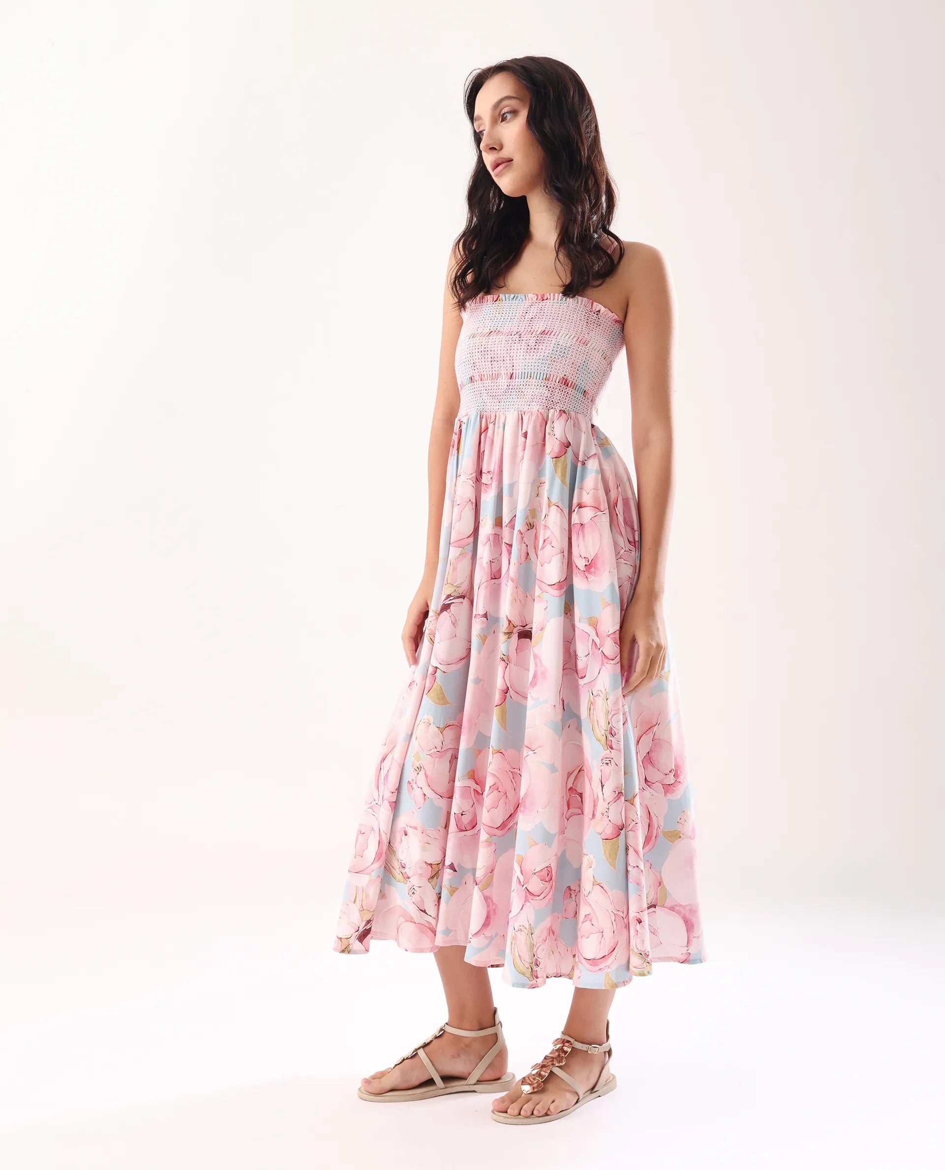 Rareism Women's Epico Multi Viscose Tube Neck Printed Sleeveless Midi Fit And Flare Dress