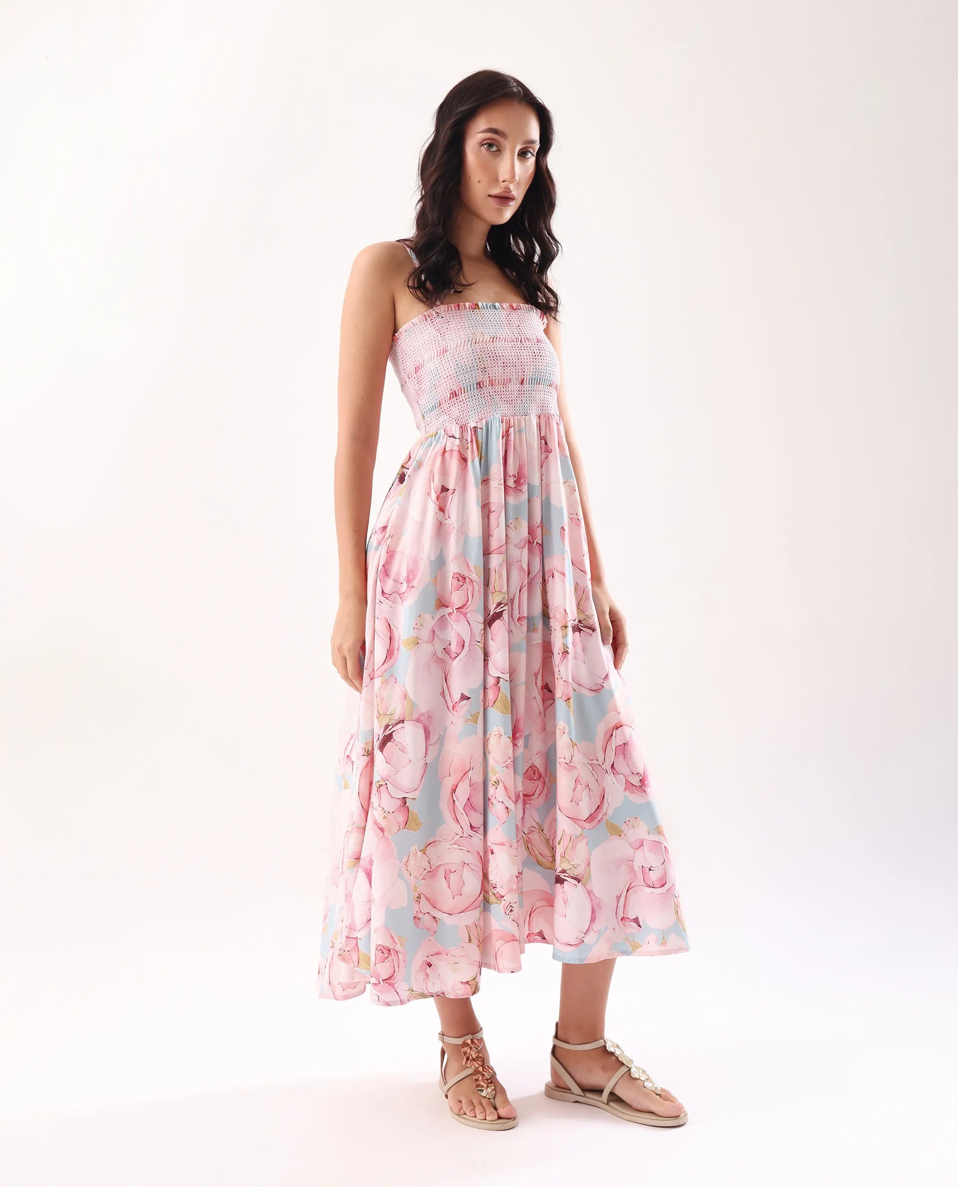 Rareism Women's Epico Multi Viscose Tube Neck Printed Sleeveless Midi Fit And Flare Dress