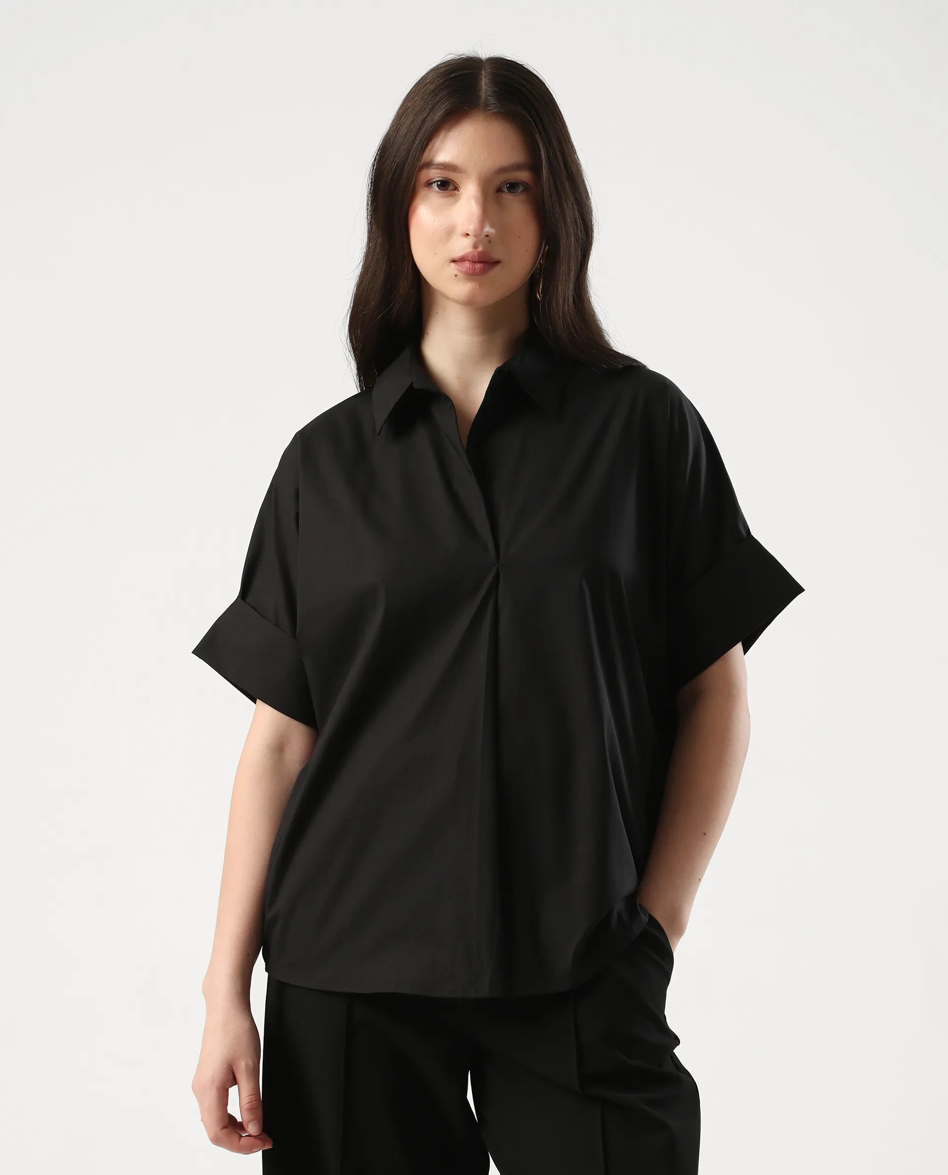 Rareism Women's Episo Black Cotton Blend Plain Extended Sleeves Boxy Fit Top