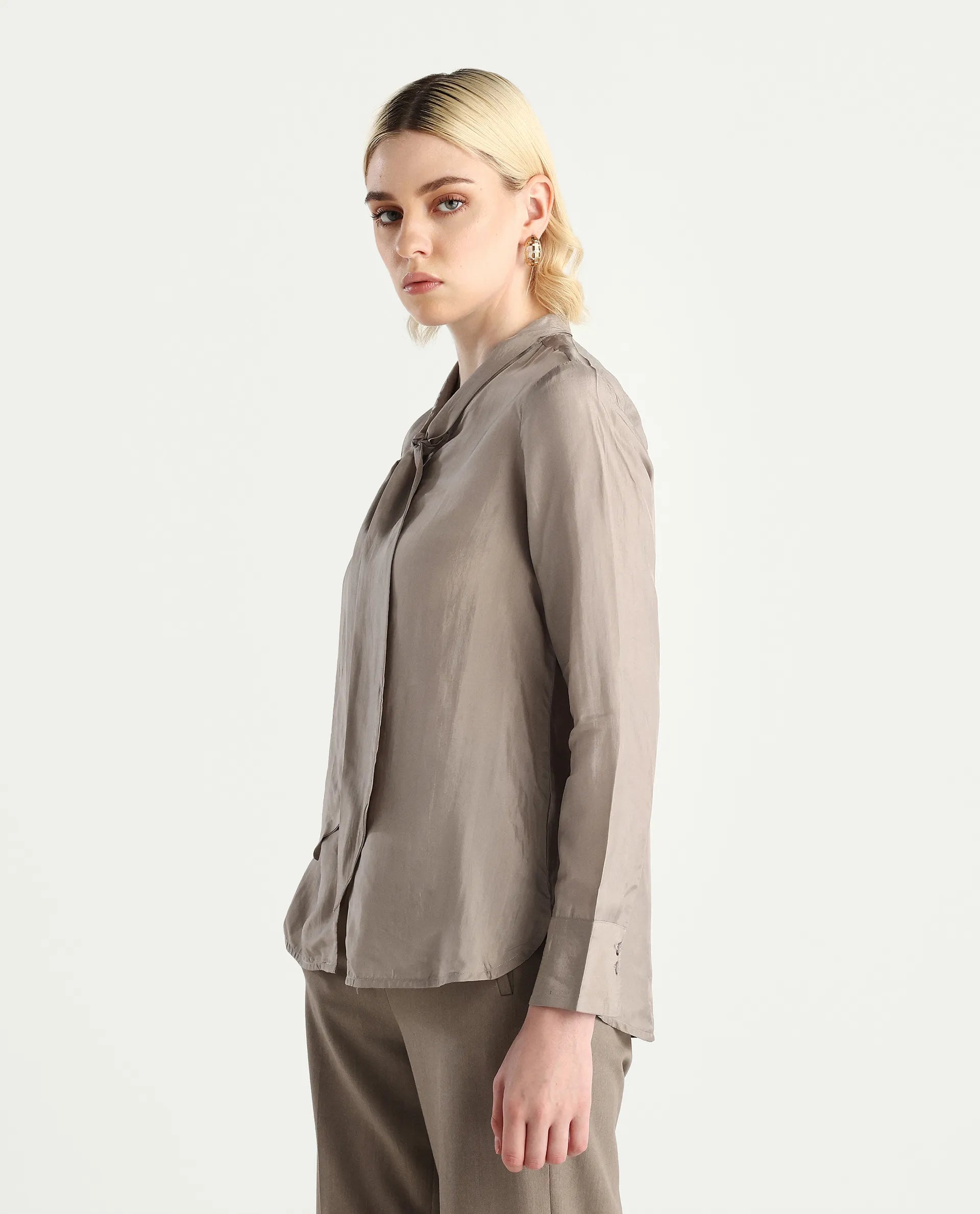 Rareism Women's Epoam Grey Polyester Plain Cuffed Sleeve Regular Fit Shirt