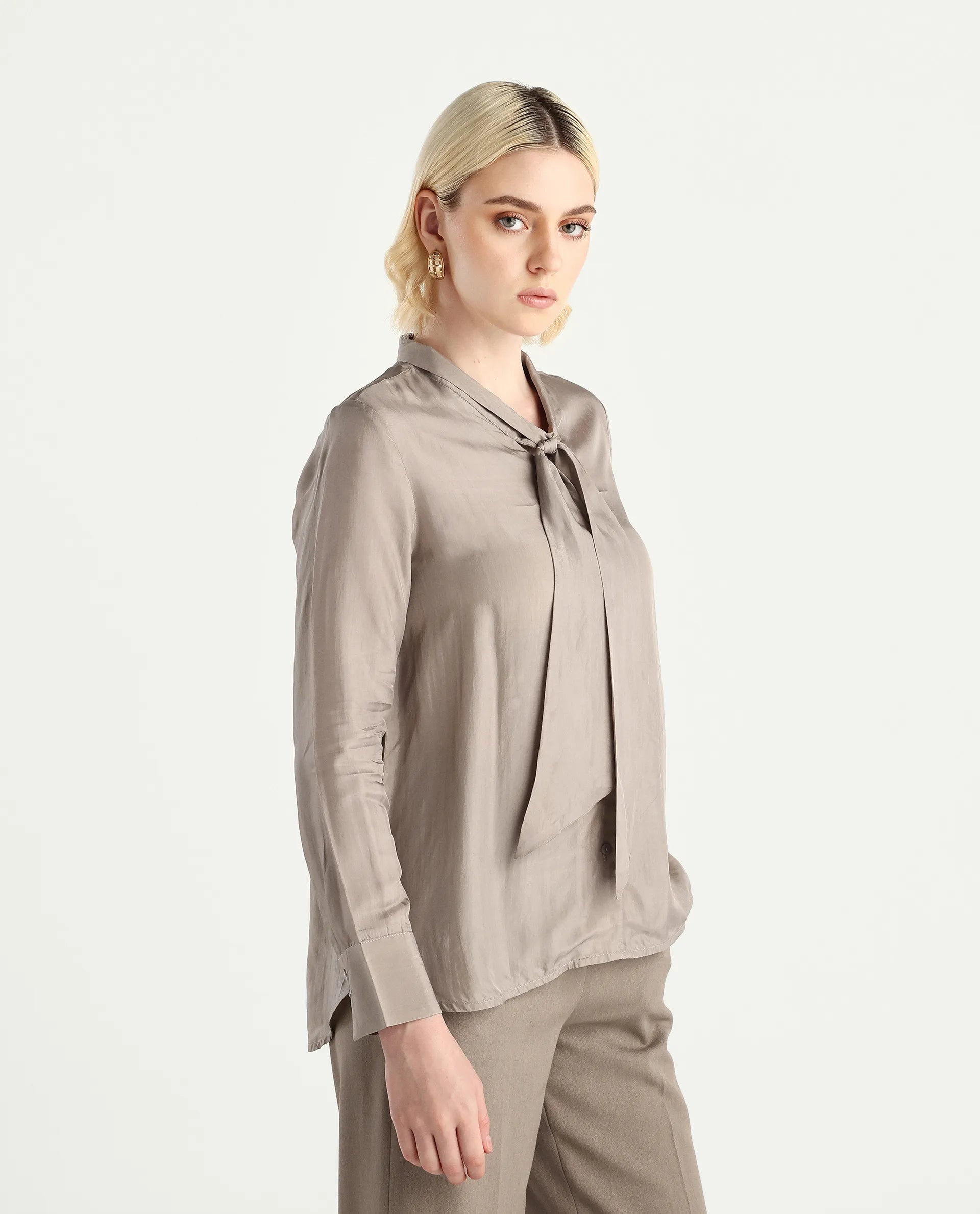 Rareism Women's Epoam Grey Polyester Plain Cuffed Sleeve Regular Fit Shirt