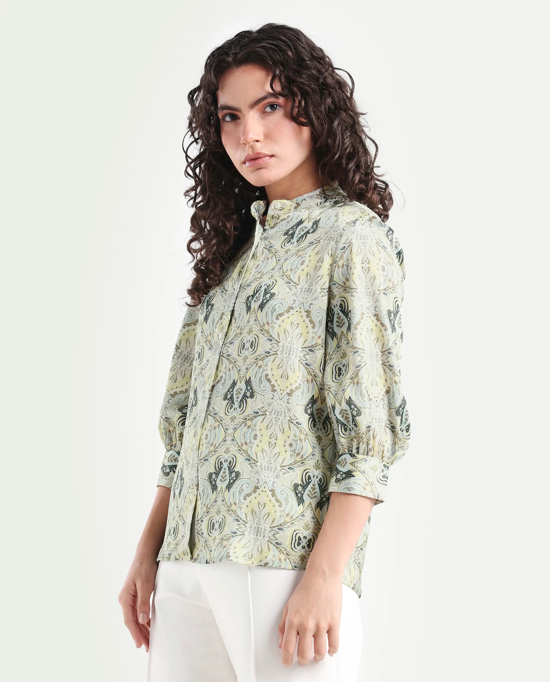 Rareism Women's Epsea Multi Cotton Paisley Print Cuffed Sleeve Regular Fit Top
