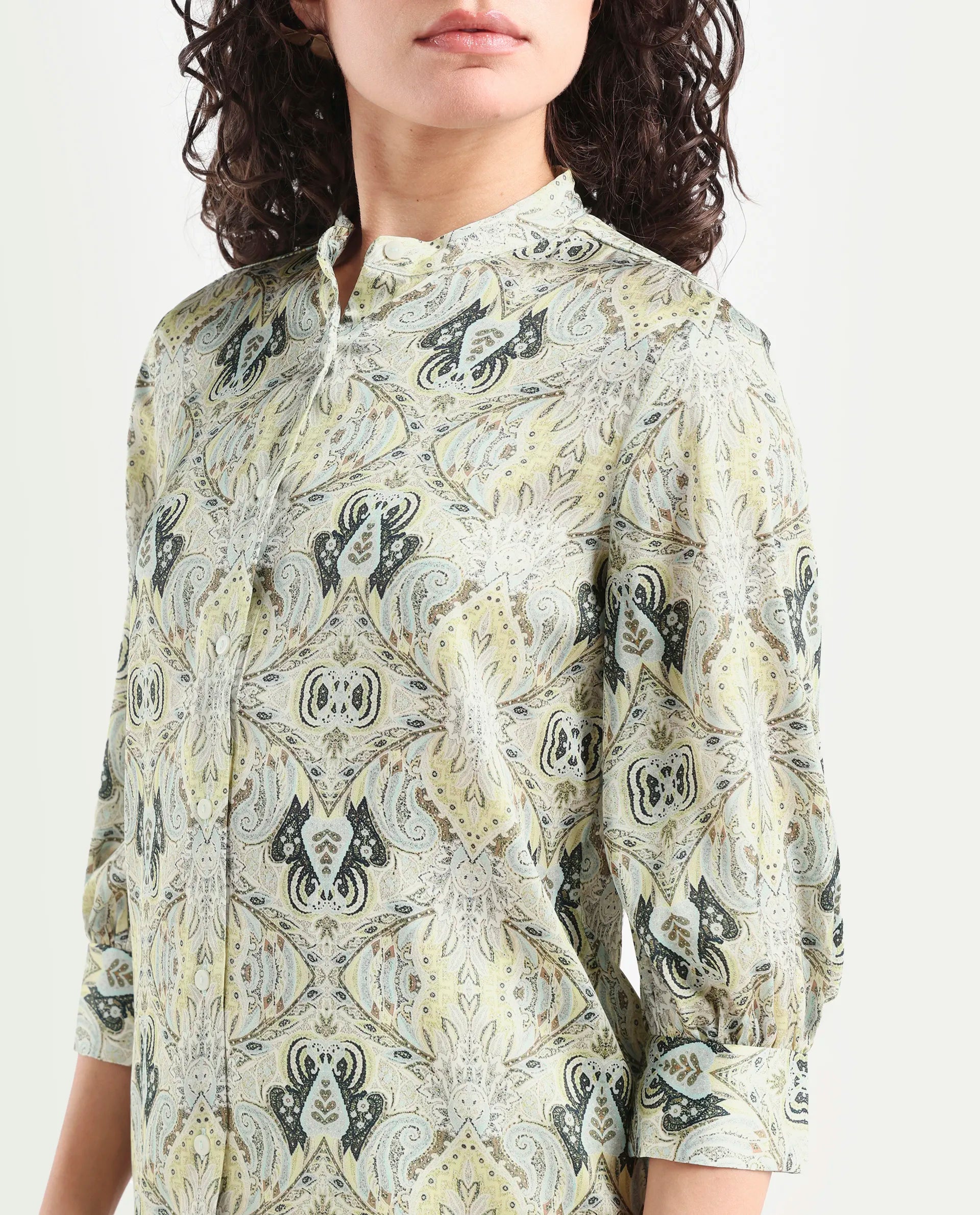 Rareism Women's Epsea Multi Cotton Paisley Print Cuffed Sleeve Regular Fit Top