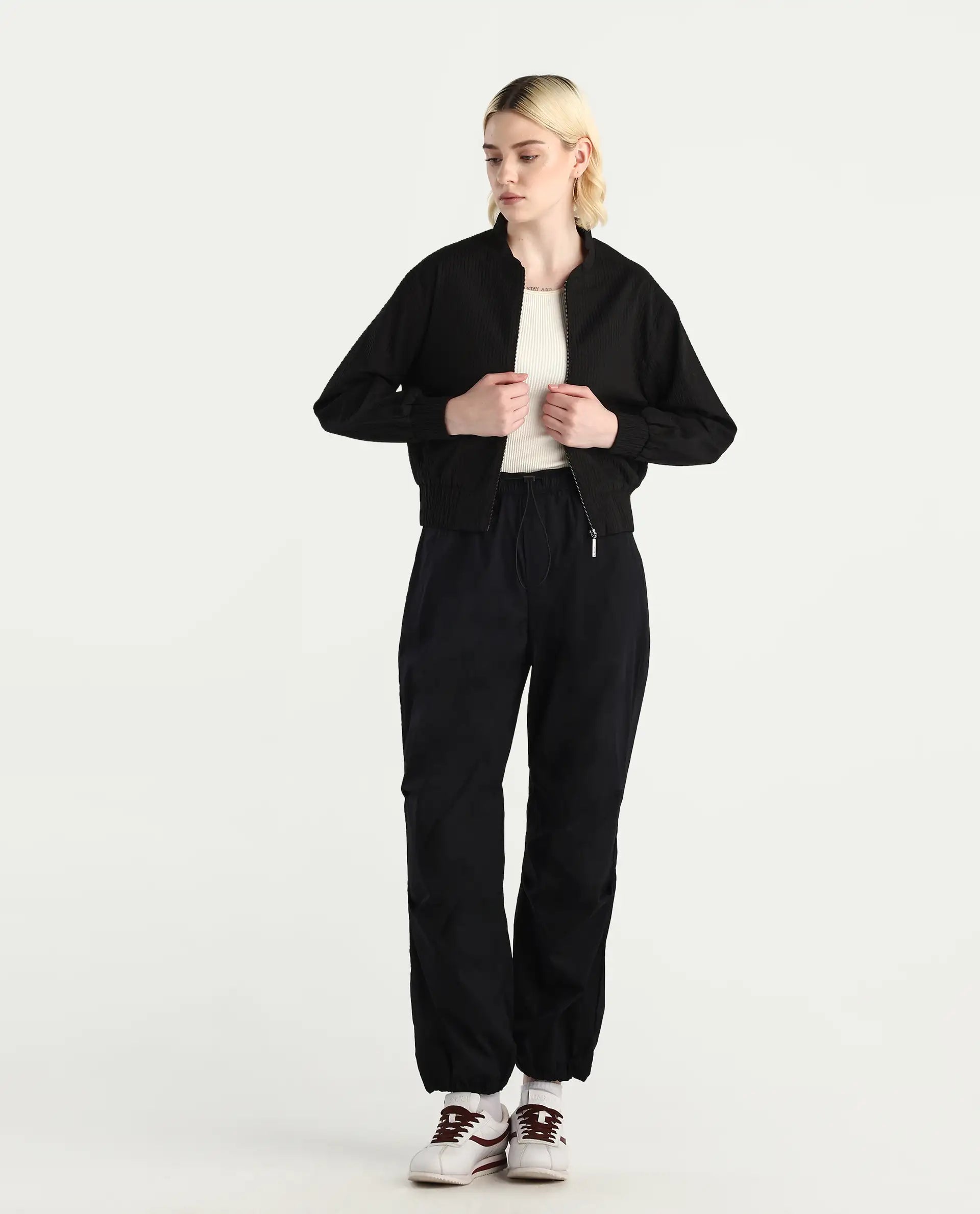 Rareism Women's Epwor Black Cotton Blend Plain Ankle Length Baggy Trouser