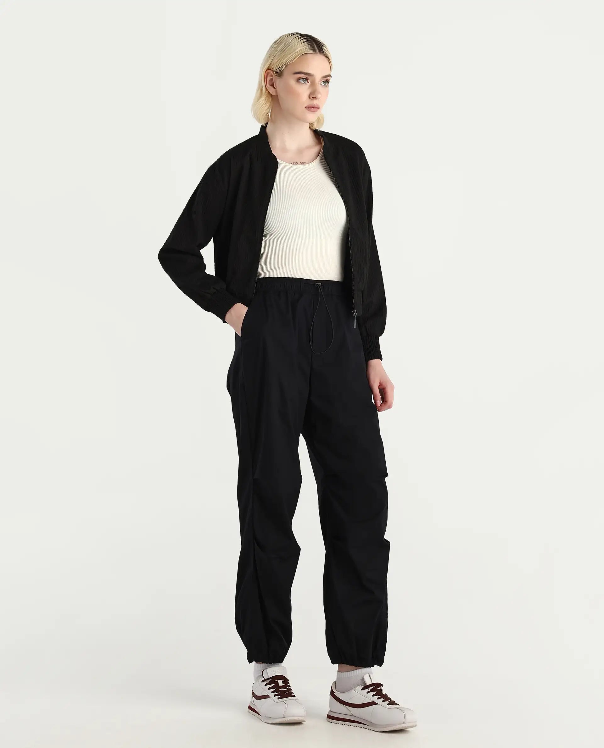 Rareism Women's Epwor Black Cotton Blend Plain Ankle Length Baggy Trouser