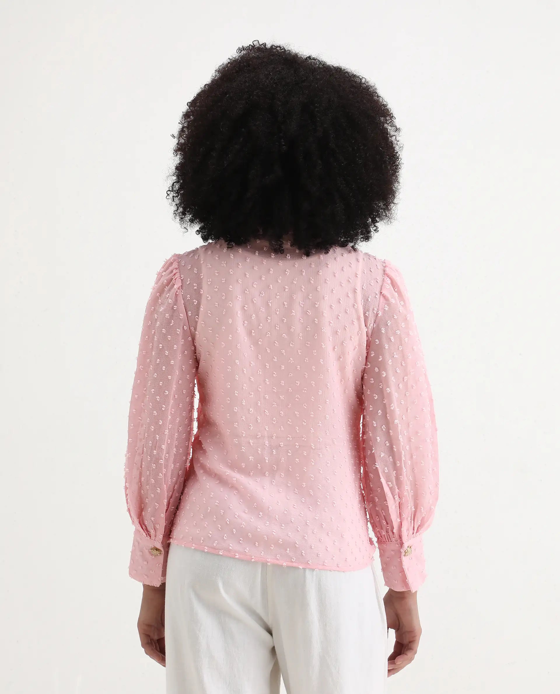 Rareism Women's Erat Pink Polyester Spread Collar Plain Bishop Sleeve Regular Fit Top