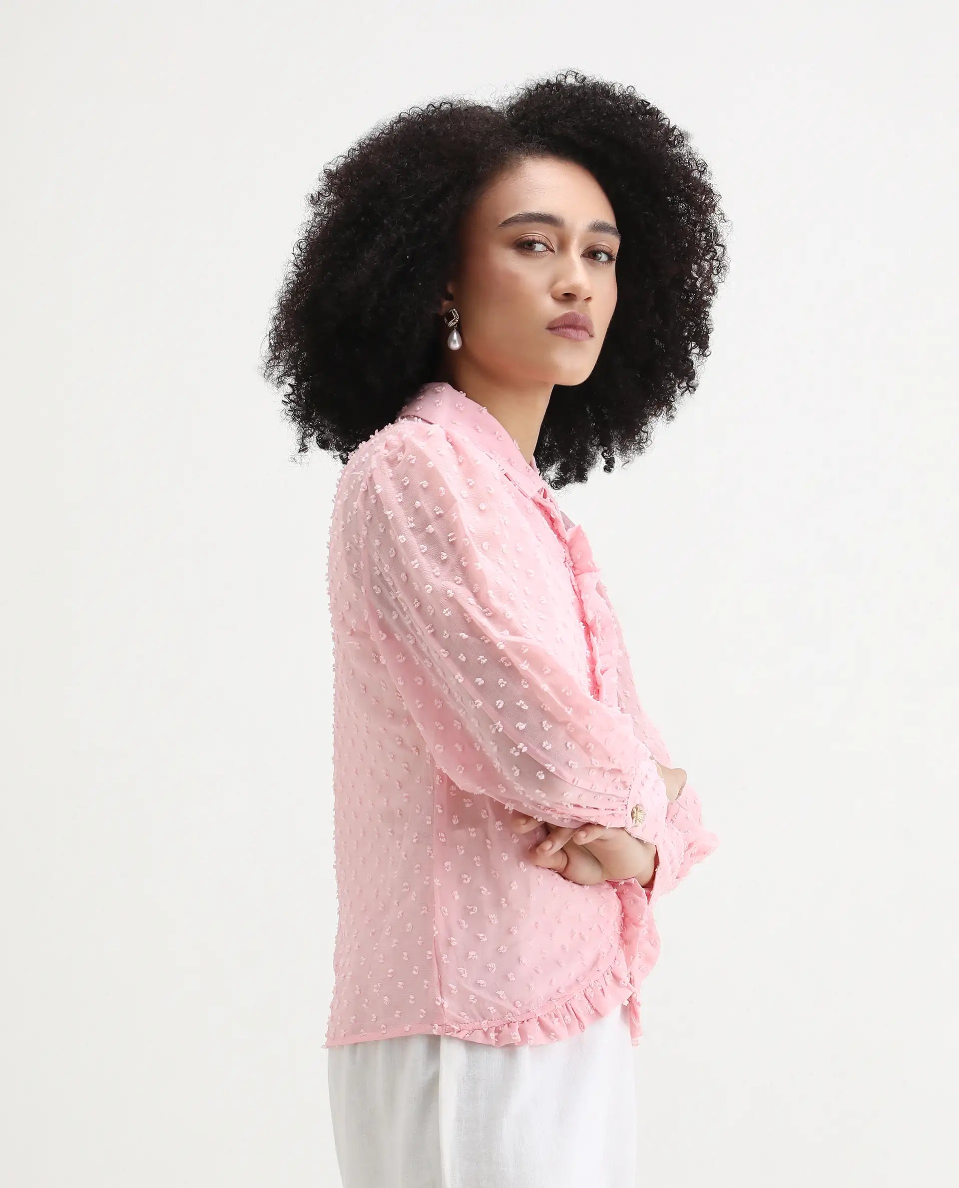 Rareism Women's Erat Pink Polyester Spread Collar Plain Bishop Sleeve Regular Fit Top