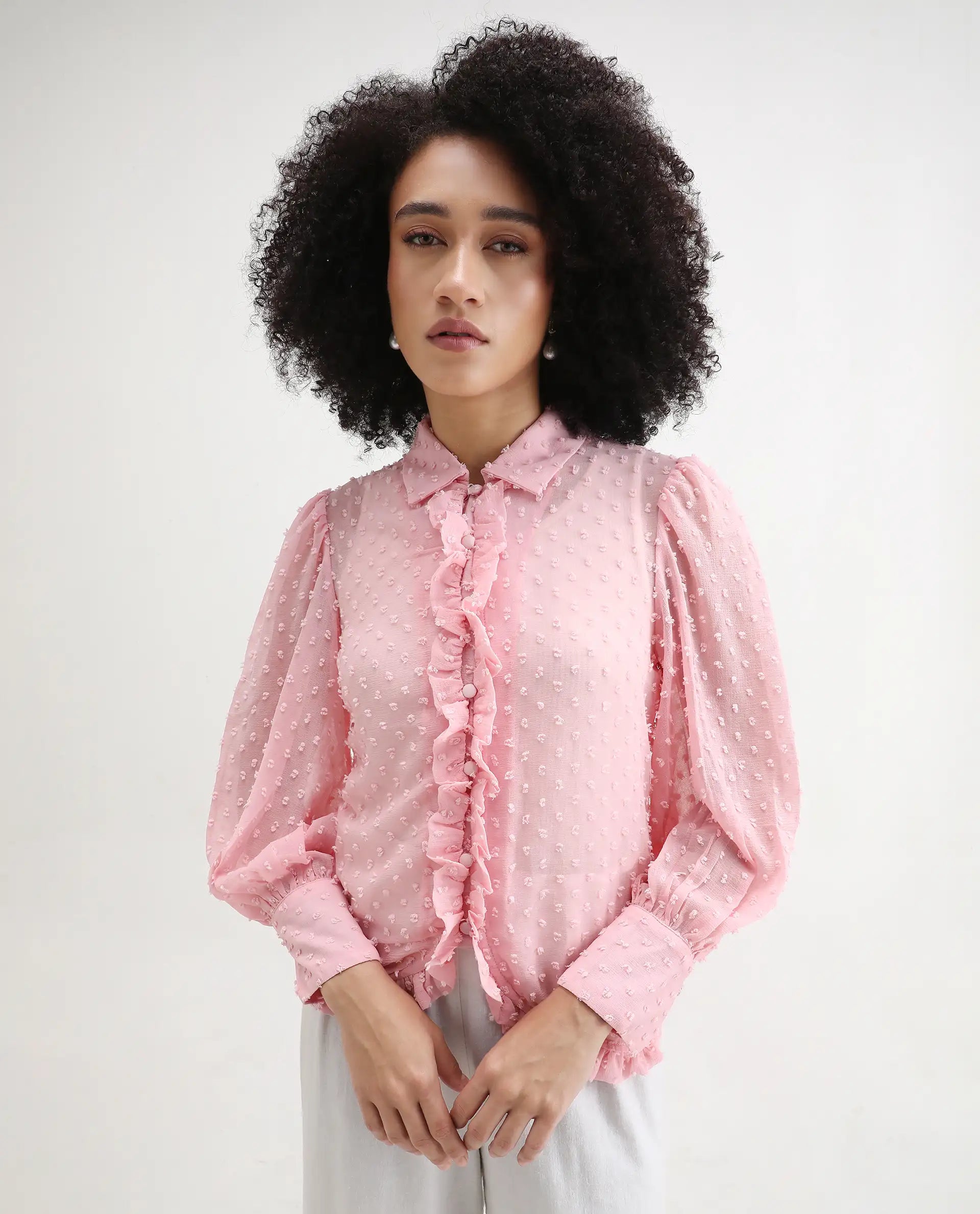 Rareism Women's Erat Pink Polyester Spread Collar Plain Bishop Sleeve Regular Fit Top