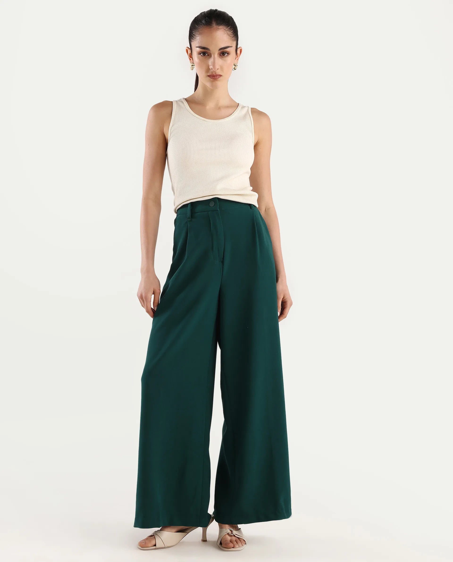 Rareism Women's Erica Green Polyester Blend Plain Ankle Length Wide Trouser