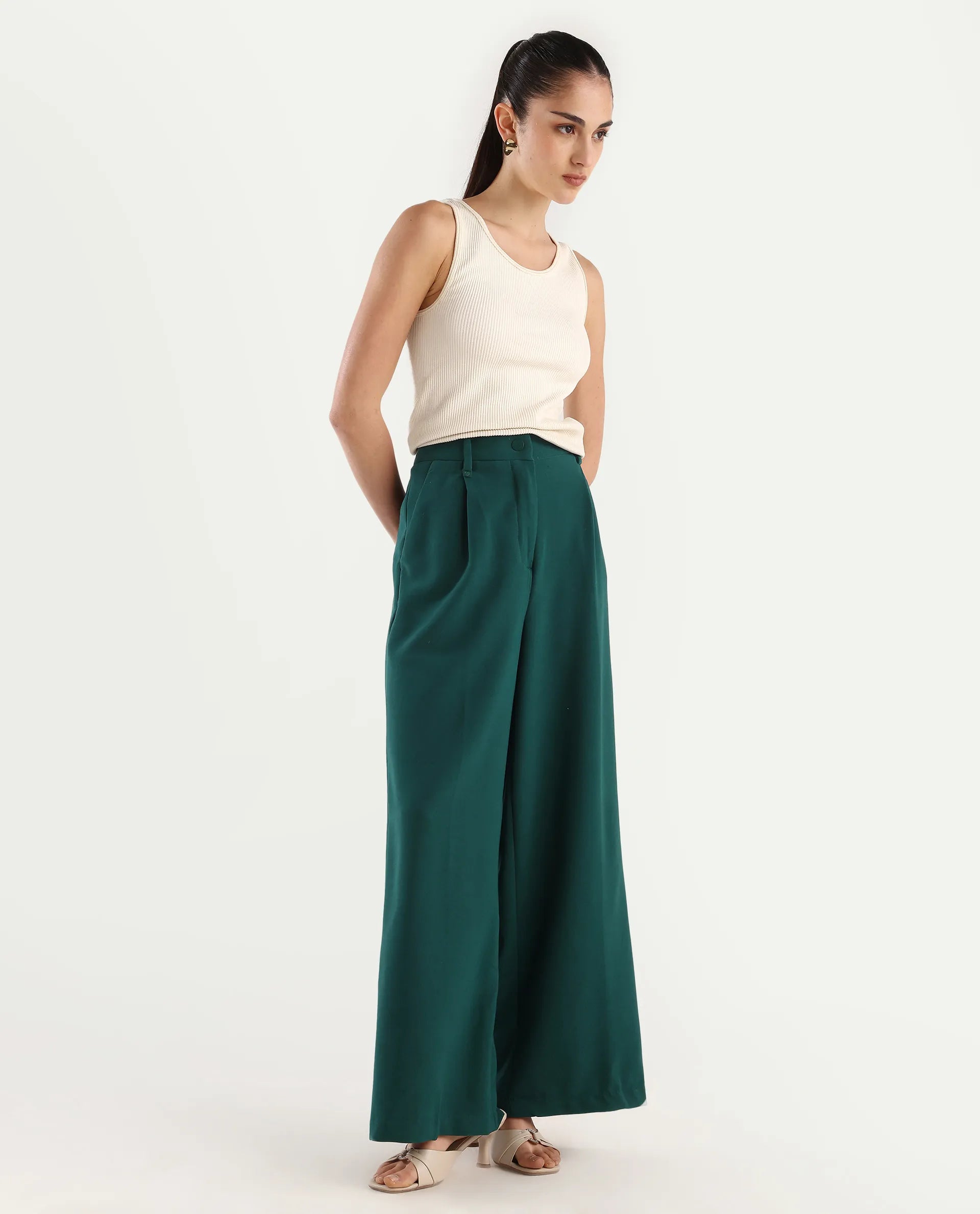 Rareism Women's Erica Green Polyester Blend Plain Ankle Length Wide Trouser