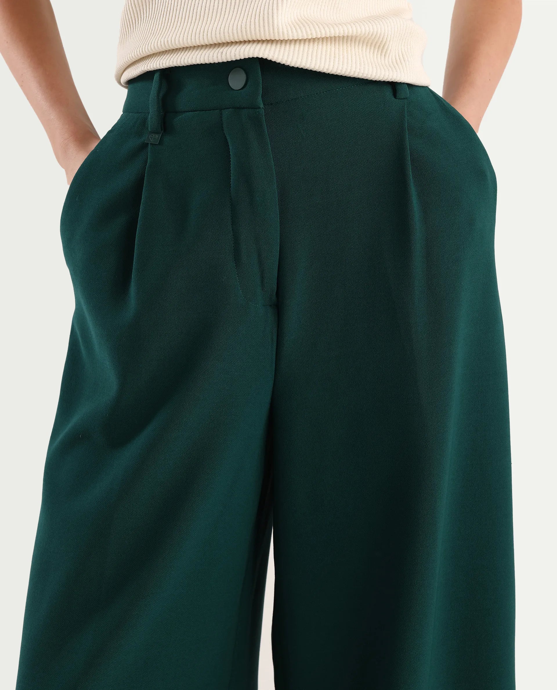 Rareism Women's Erica Green Polyester Blend Plain Ankle Length Wide Trouser