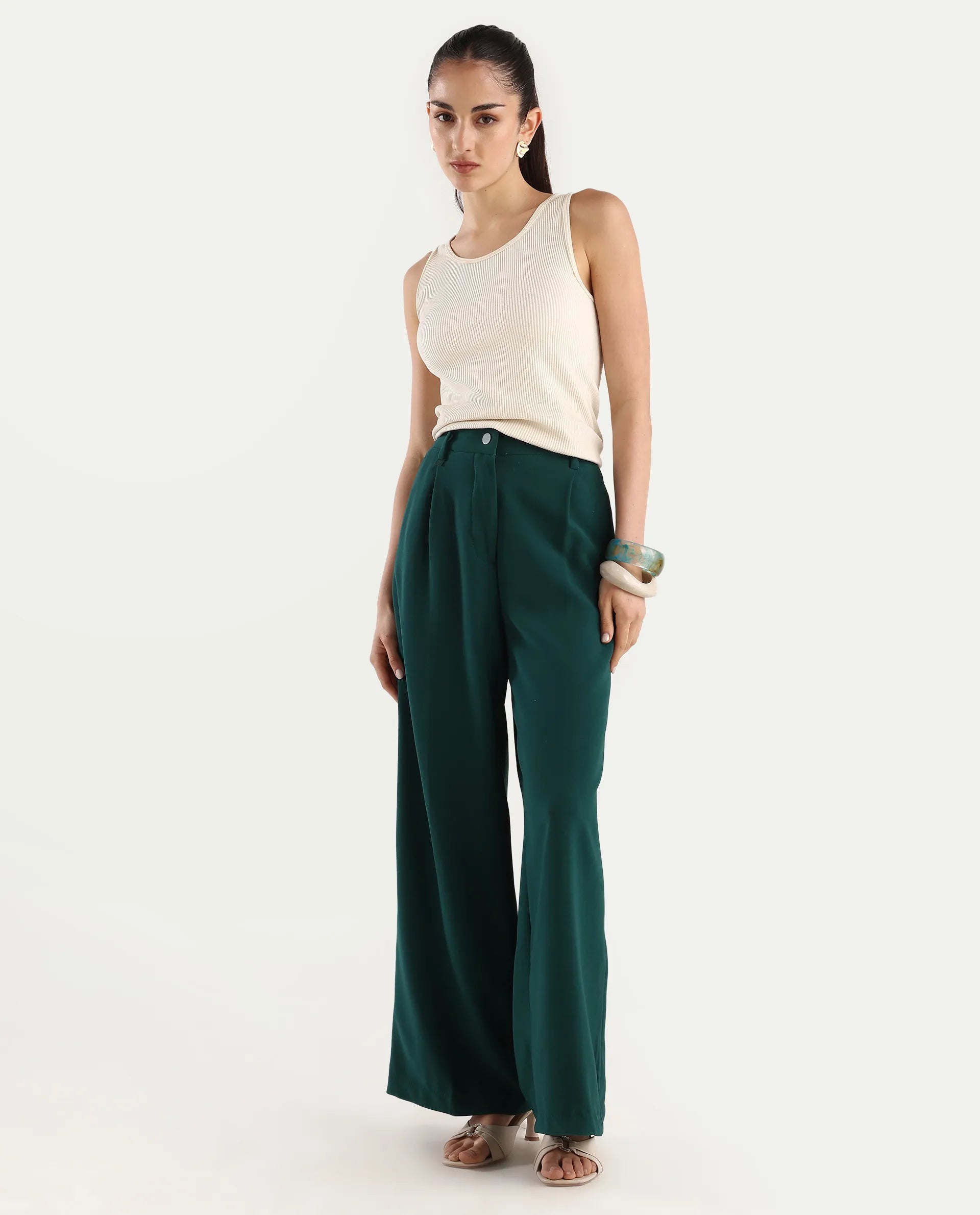 Rareism Women's Erica Green Polyester Blend Plain Ankle Length Wide Trouser