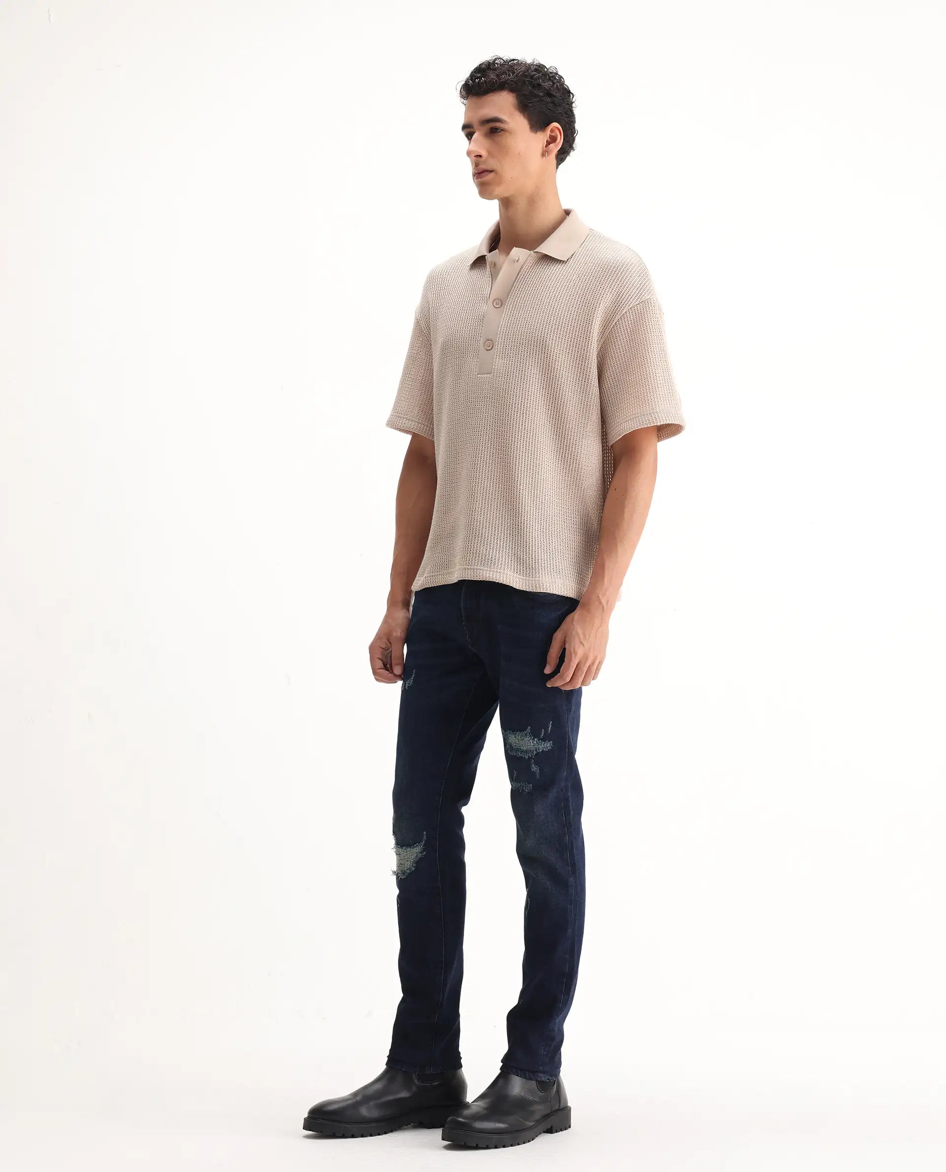 Rare Rabbit Men's Erie Dusky Blue Cotton Blend Plain Hawk Slim Fit Jeans