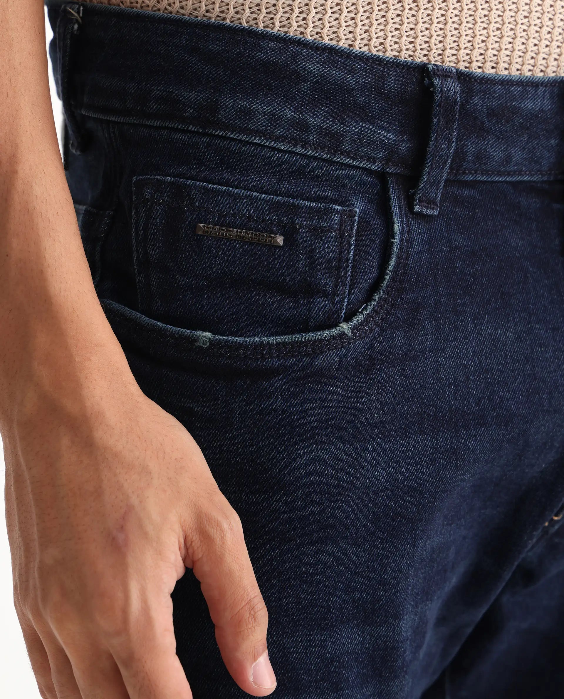 Rare Rabbit Men's Erie Dusky Blue Cotton Blend Plain Hawk Slim Fit Jeans