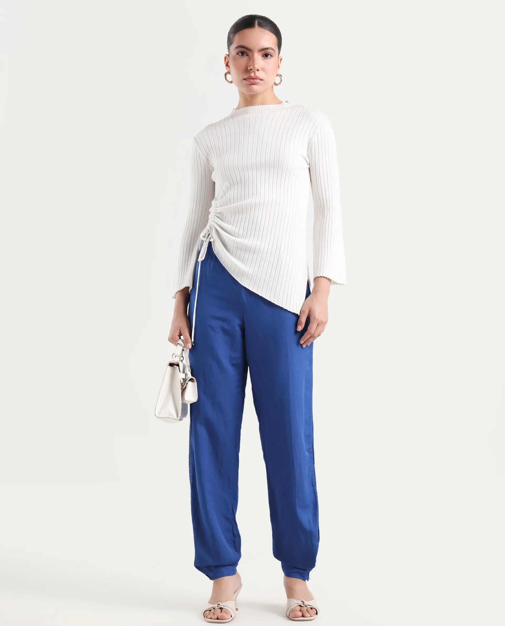Rareism Women's Erin Blue Cotton Linen Plain Ankle Length Tailored Trouser