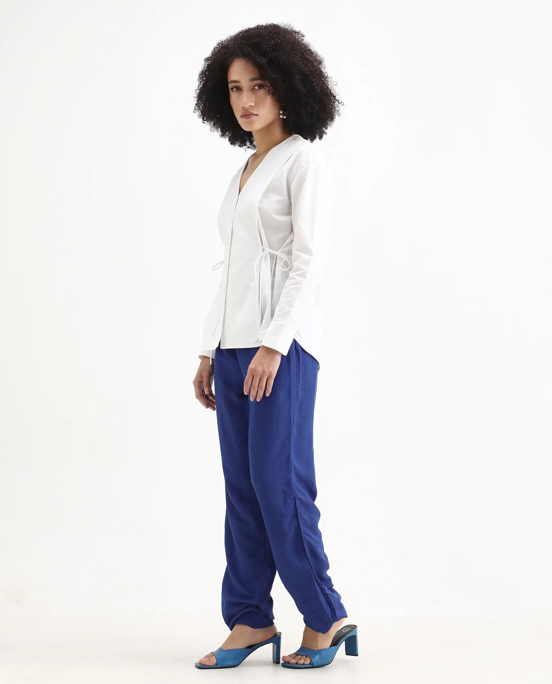 Rareism Women's Erin Blue Cotton Linen Plain Ankle Length Tailored Trouser