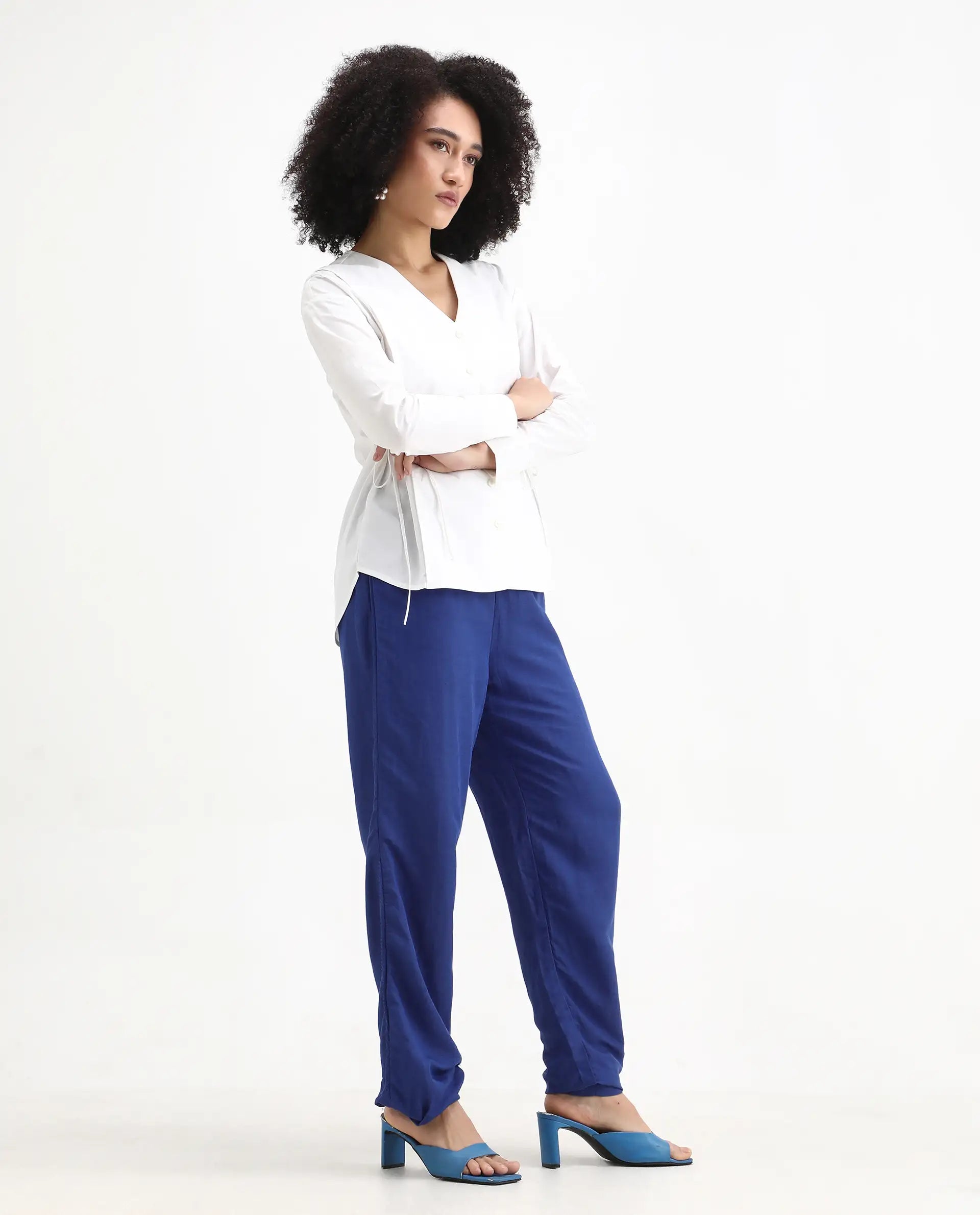 Rareism Women's Erin Blue Cotton Linen Plain Ankle Length Tailored Trouser
