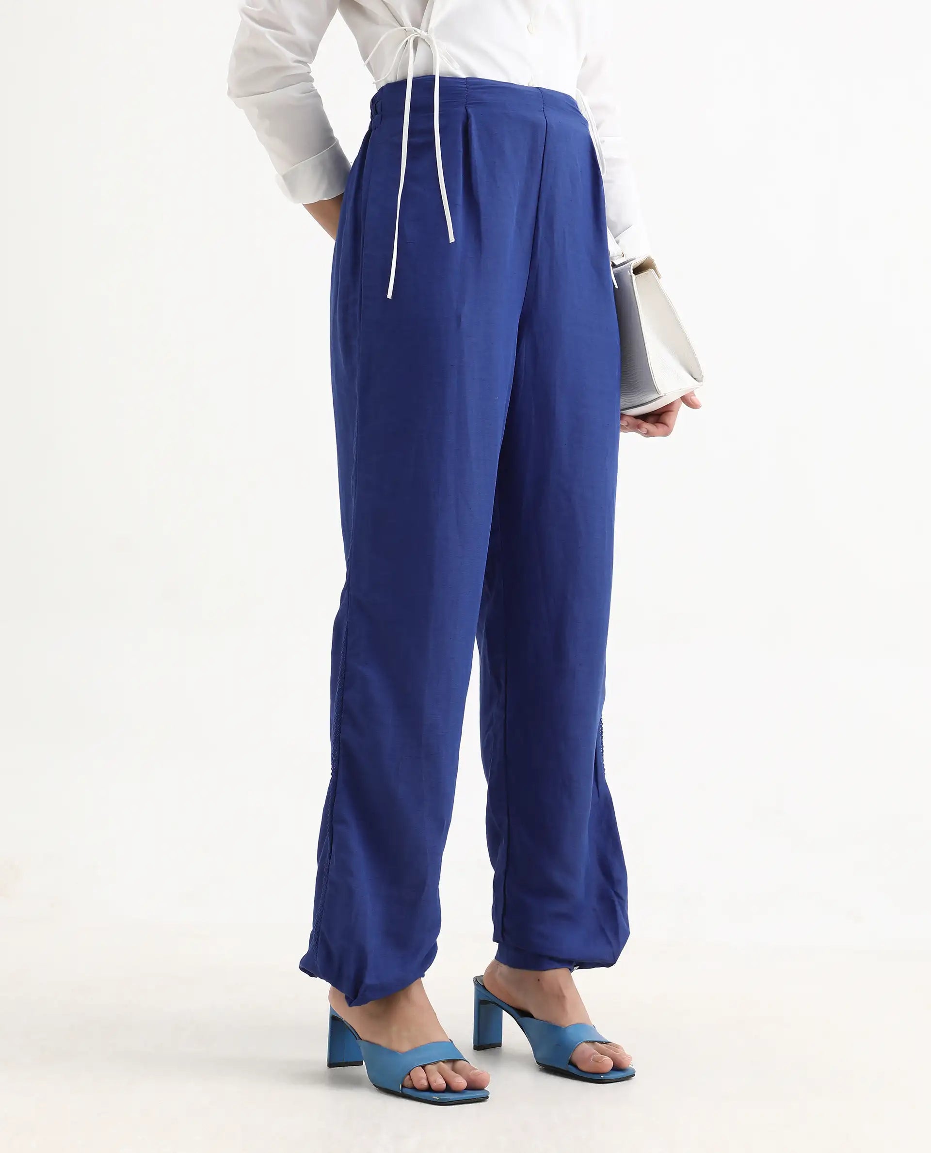 Rareism Women's Erin Blue Cotton Linen Plain Ankle Length Tailored Trouser