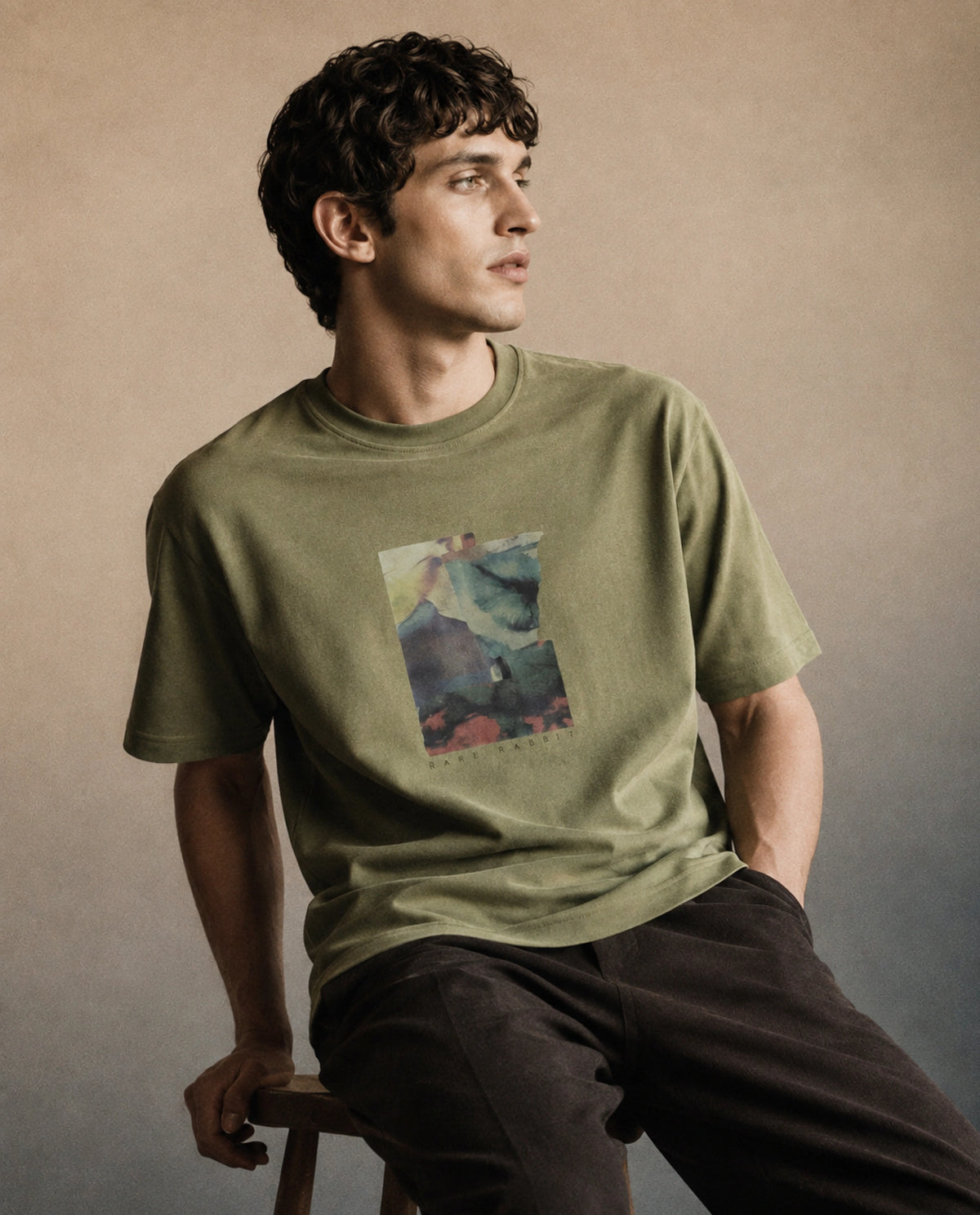 Rare Rabbit Men's Eron Dusky Olive Cotton Crew Neck Regular Graphic Print T-Shirt