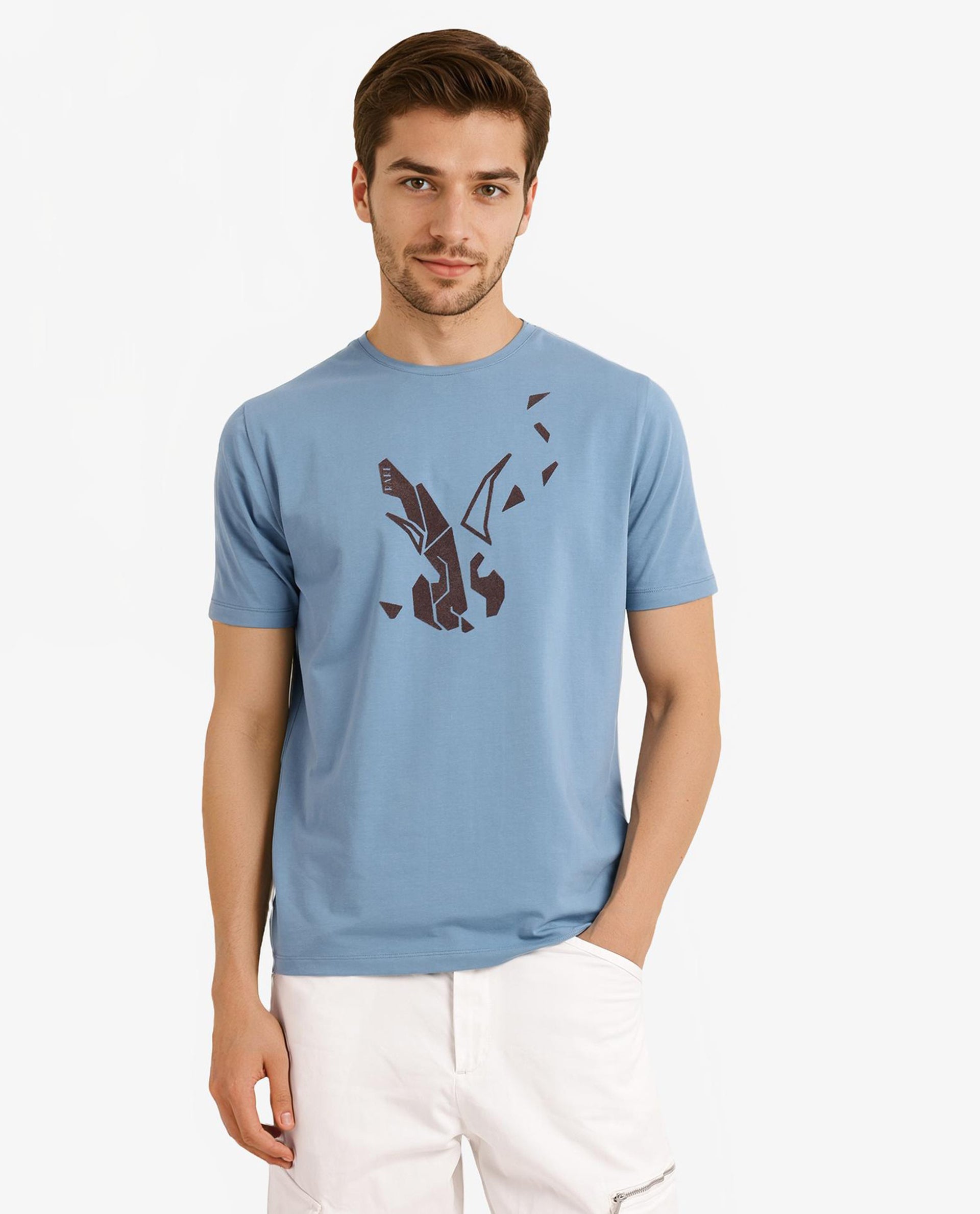 Rare Rabbit Men Esse Blue Cotton Lycra Fabric Short Sleeve Crew Neck Regular Fit Graphic Flock Logo Print T-Shirt