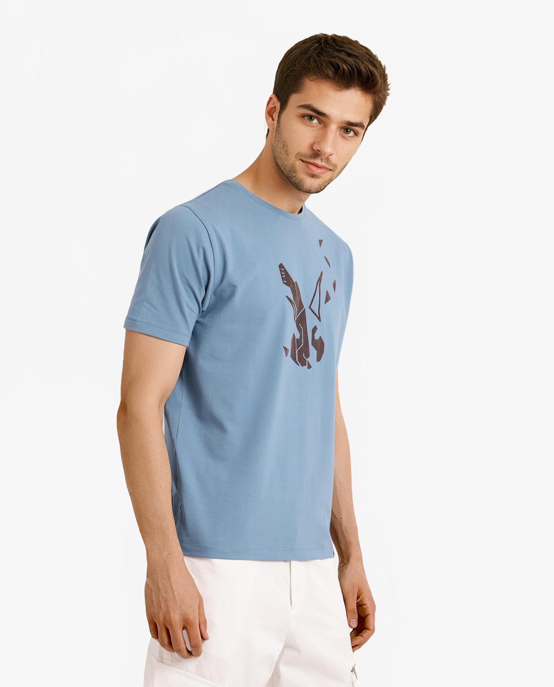Rare Rabbit Men Esse Blue Cotton Lycra Fabric Short Sleeve Crew Neck Regular Fit Graphic Flock Logo Print T-Shirt