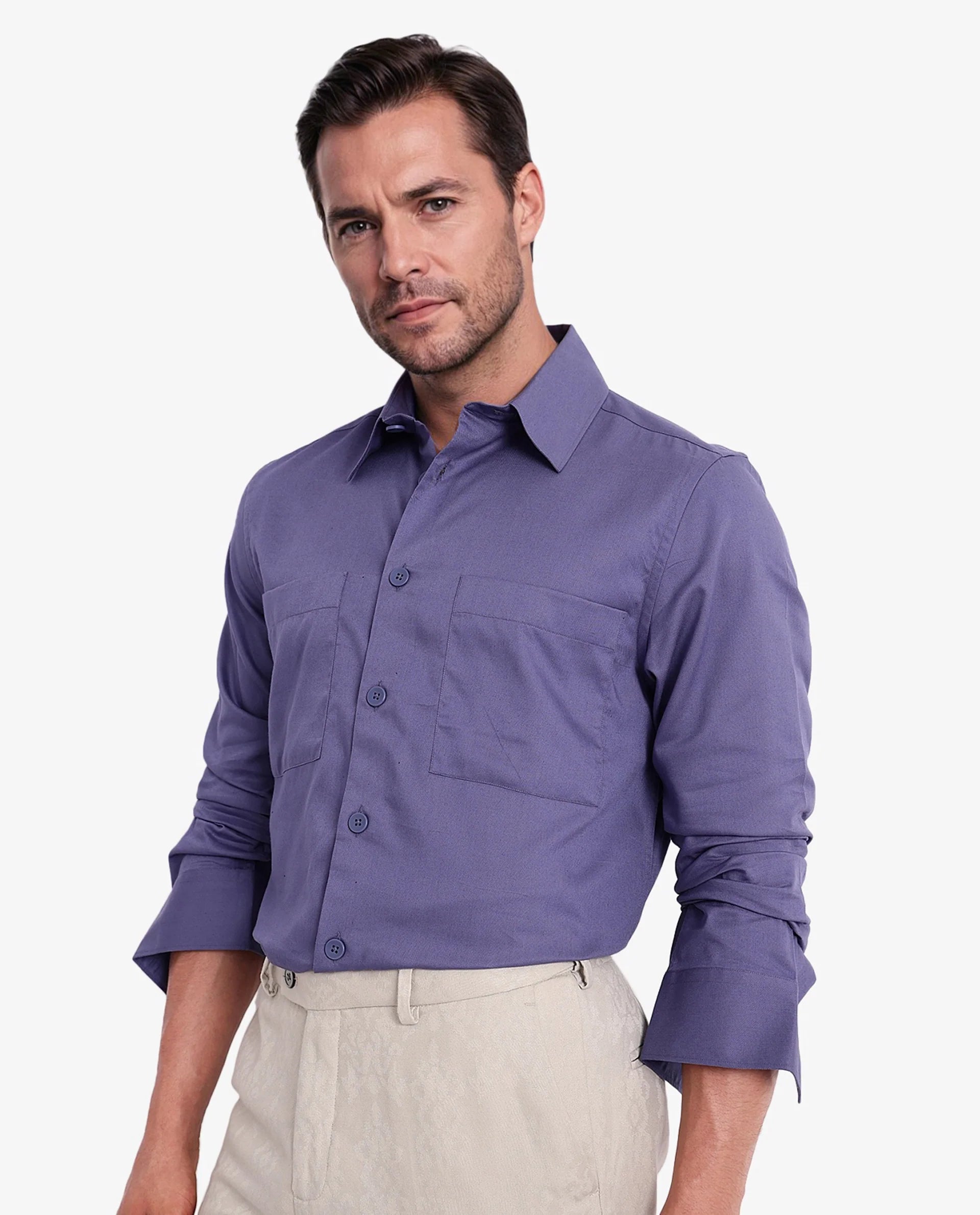 Rare Rabbit Men Esso Dusky Blue Full Sleeve Button Closure Boxy Fit Plain Twill Shirt